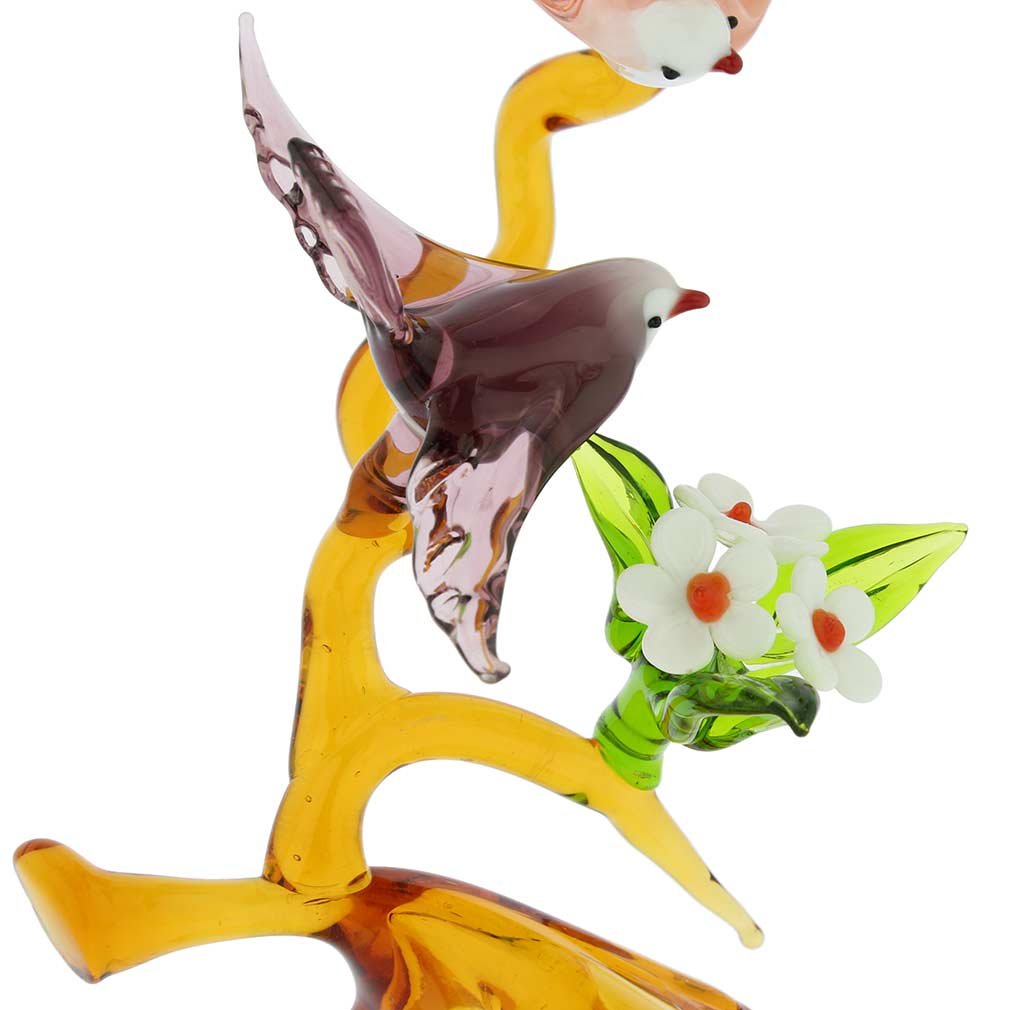 Handmade Murano Glass Birds on Tree with Flower Decor - Purple & Pink Art Piece | Elegant Home Decor, Wedding Centerpiece, Gift Idea