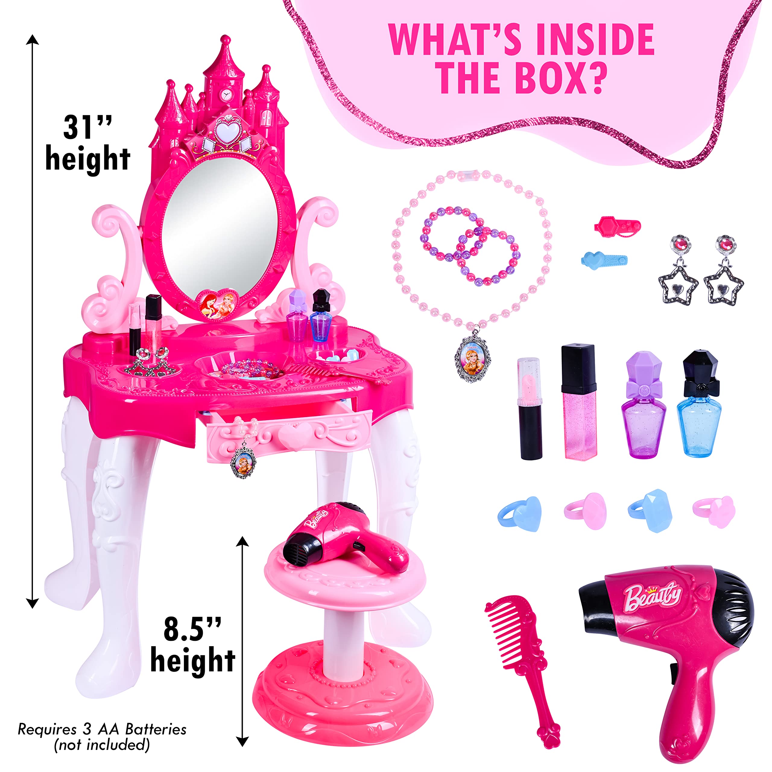 Play Vanity Sets for Girls - Toddler Makeup Vanity Playset with Mirror & Table | Kids Beauty Set with Fashion Accessories | Pretend Play, Birthday Gift & Room Decor
