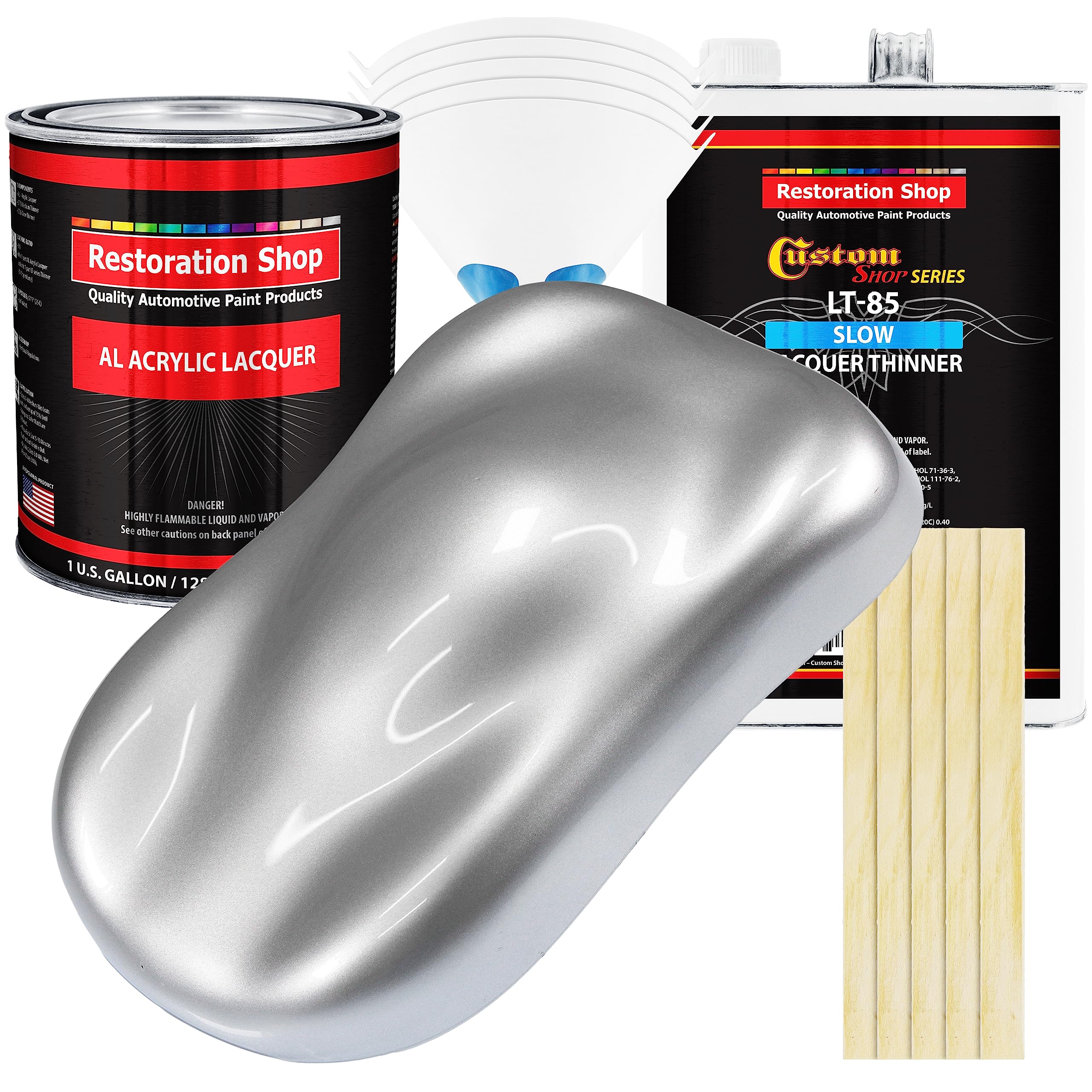 Restoration Shop - Iridium Silver Metallic Acrylic Lacquer Auto Paint Kit (1 Gallon) with Slow Dry Thinner - Professional Gloss Finish for Cars, Trucks, Motorcycles, Guitars & Furniture Refinishing - Ideal for DIY Auto Restoration, Custom Paint Jobs & Surface Protection