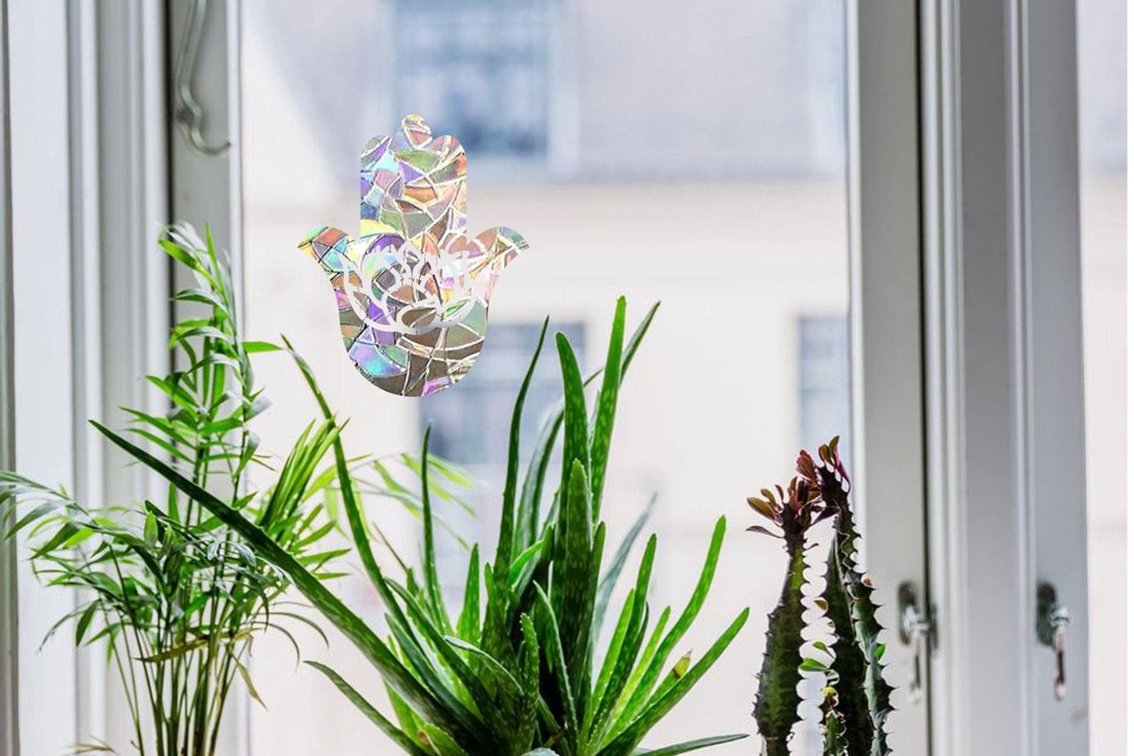 Hamsa Hand Suncatcher with Lotus Yoga Window Decal - Rainbow Maker & Sticker for Windows - Perfect for Meditation Rooms, Yoga Studios, and Home Decor