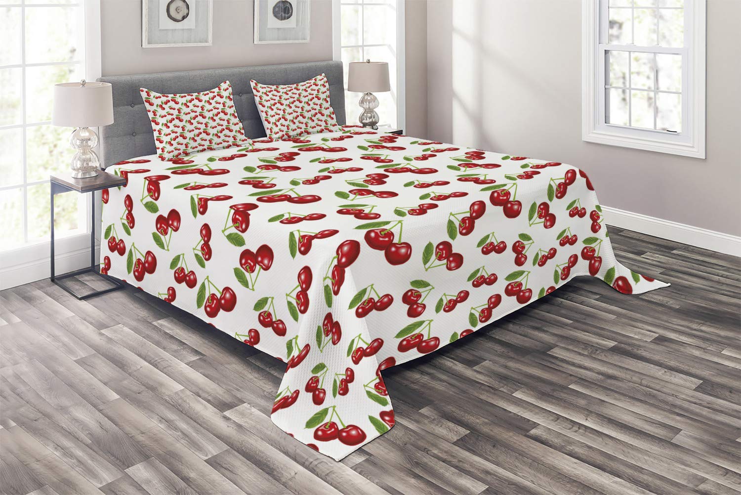 Ambesonne Cherry Pattern 3-Piece Quilted Bedspread Set - King Size Scarlet White, Fresh Berry Fruit Summer Garden Digital Print with 2 Pillow Shams | Perfect for Bedroom Decor, Guest Room Makeover & Cozy Farmhouse Style