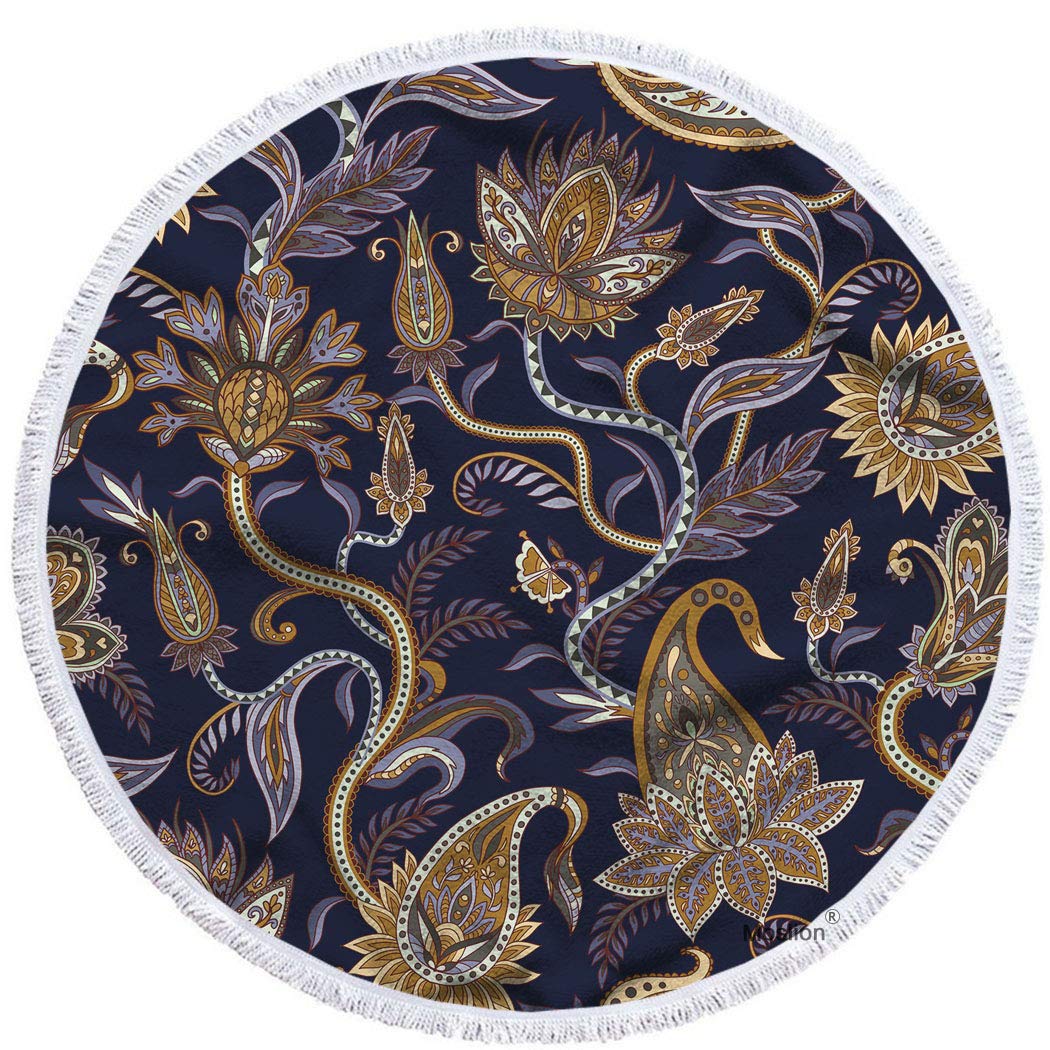 Moslion 63 Inch Oversized Round Beach Towel - Paisley Floral Tribal Design, Soft Microfiber Polyester, Quick-Dry & Sand-Resistant - Perfect for Beach, Pool, Yoga, Picnic and Summer Outdoor Activities