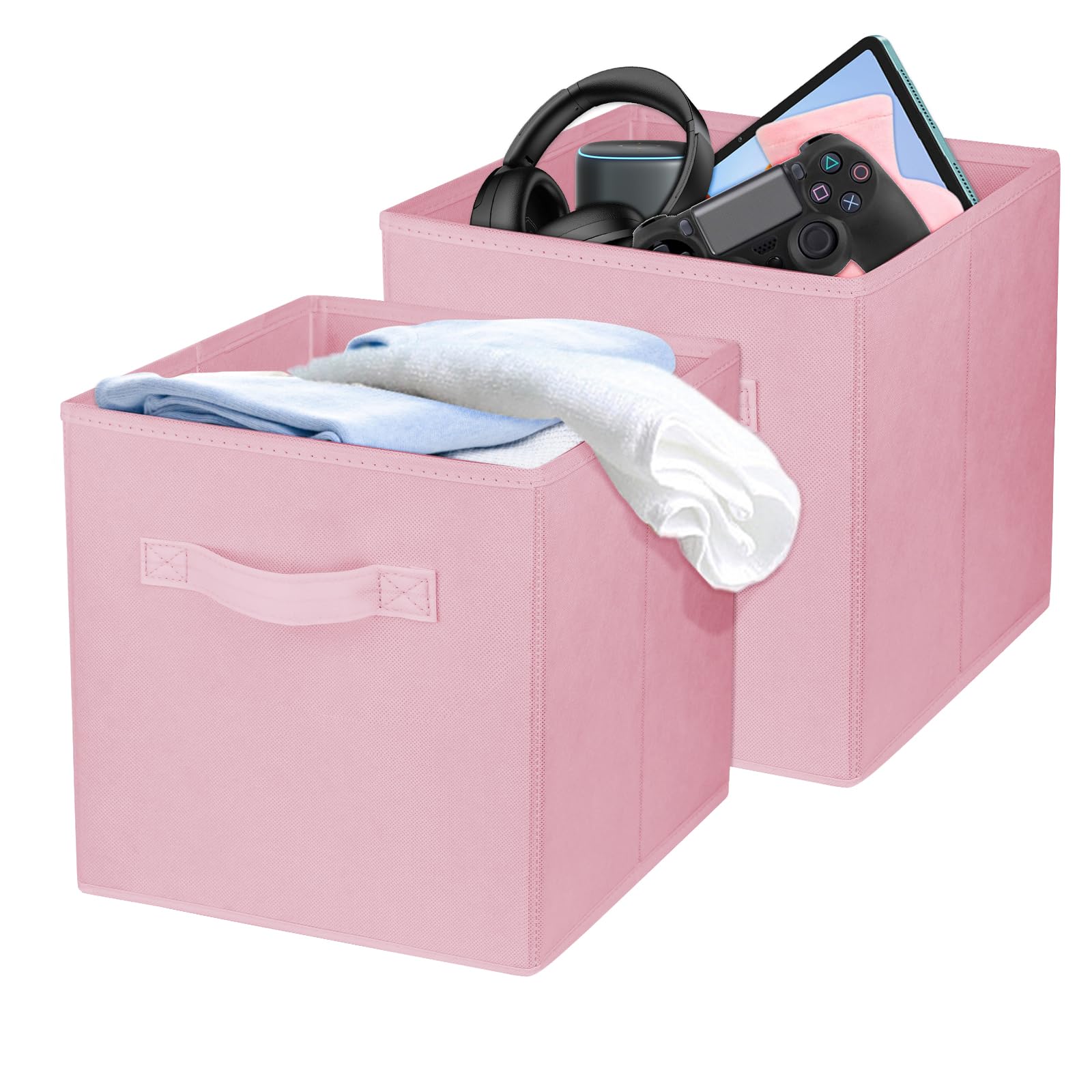 2 Pack 10.5 Inch Collapsible Fabric Storage Cubes - Foldable Organizer Bins for Closet, Shelves, Office & Home Organization - Space Saving Storage Solution (Pink) - Perfect for Bedroom, Kids Room & Dorm Organization