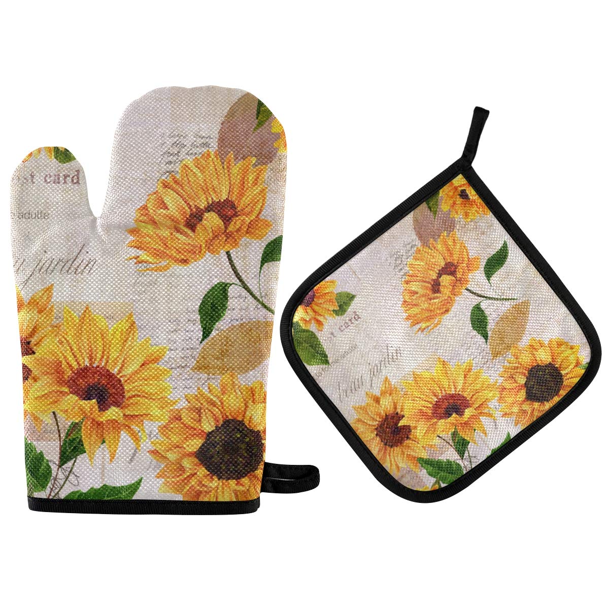 Qilmy Heat Resistant Sunflower Oven Mitts & Pot Holders - 500°F Kitchen Gloves for Baking, BBQ, Grilling, Microwave - Non-Slip Counter Mats for Safe Cooking & Food Handling