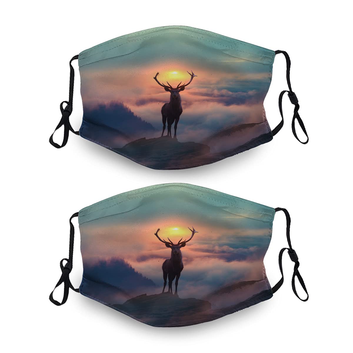 2 Pack Deer Sunset Forest Face Mask with Filters - Washable & Reusable Bandana Balaclava for Men & Women - Perfect for Outdoor Activities, Hiking, Cycling and Travel