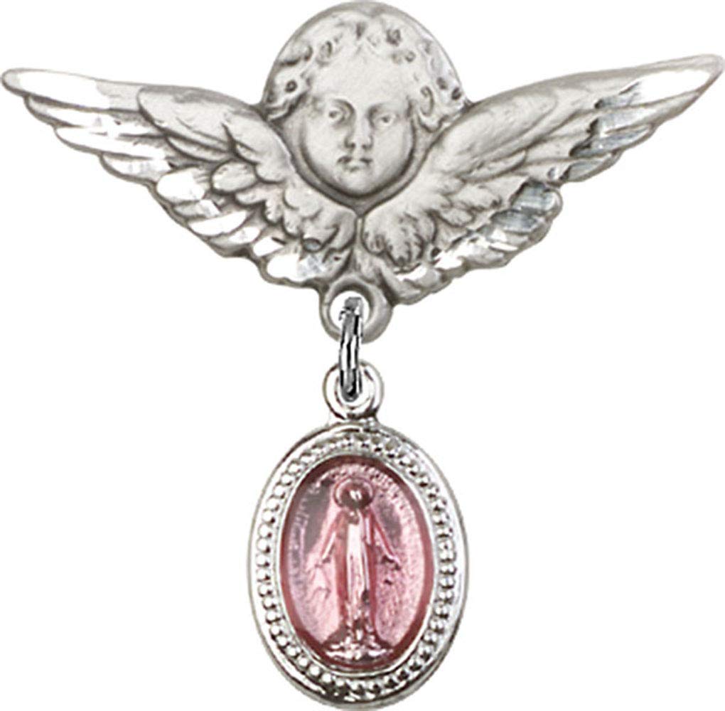 Sterling Silver Baby Badge with Pink Miraculous Charm & Angel Wing Pin - Handmade in USA | Perfect for Christening Gifts, Baby Showers & First Communion Keepsakes