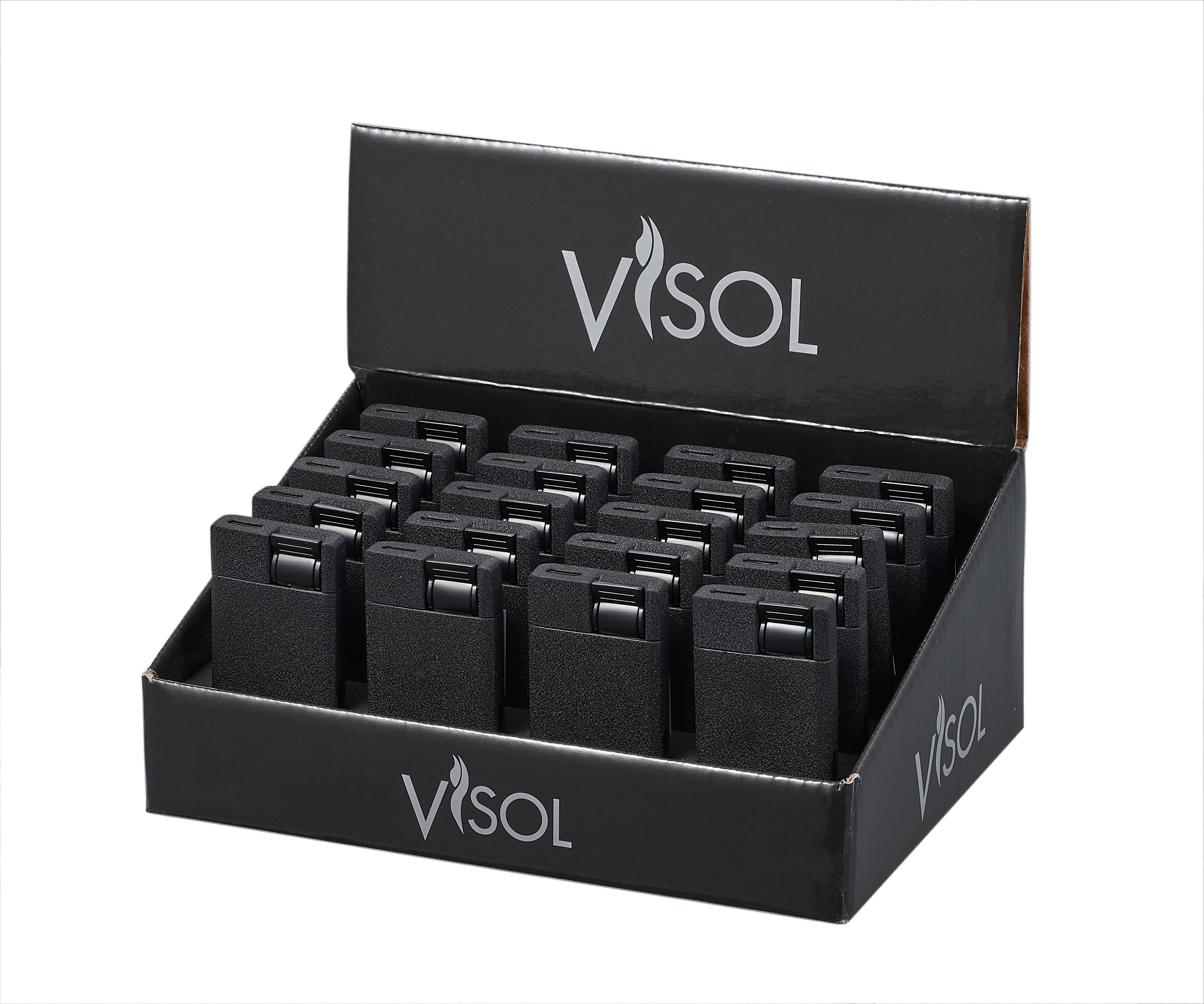 Visol Flatso Black Retail Prepack - 20 Cigar Lighters for Outdoor Smoking, BBQ & Camping - Windproof Butane Lighter for Cigars & Cigarettes