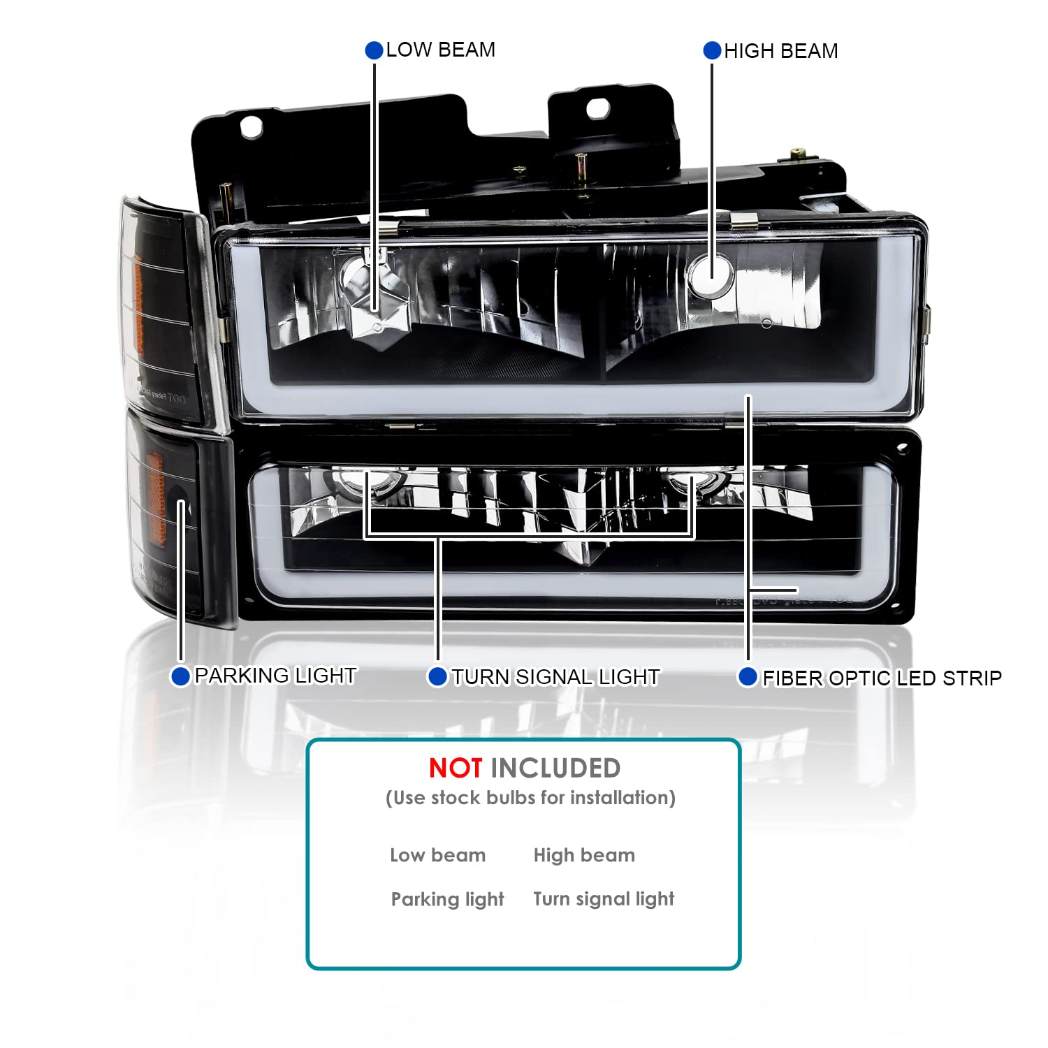 Spec-D Tuning Black LED Bar Headlights with Bumper Lamps & Corner Lights - Compatible with 1994-1998 GMC C10 C/K 1500 Suburban Yukon - Left & Right Pair Headlamp Assembly - Upgrade for Off-Road & Night Driving Visibility