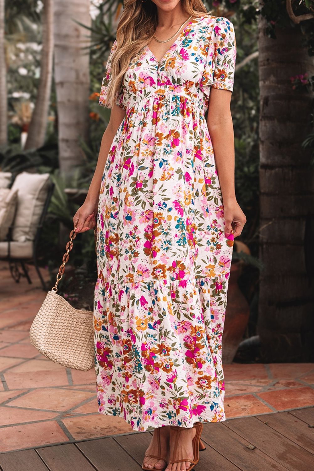Floral Short Sleeve Summer Maxi Dress with Pockets - Women's Boho Beach Dress for Vacation, Date Night & Outdoor Parties