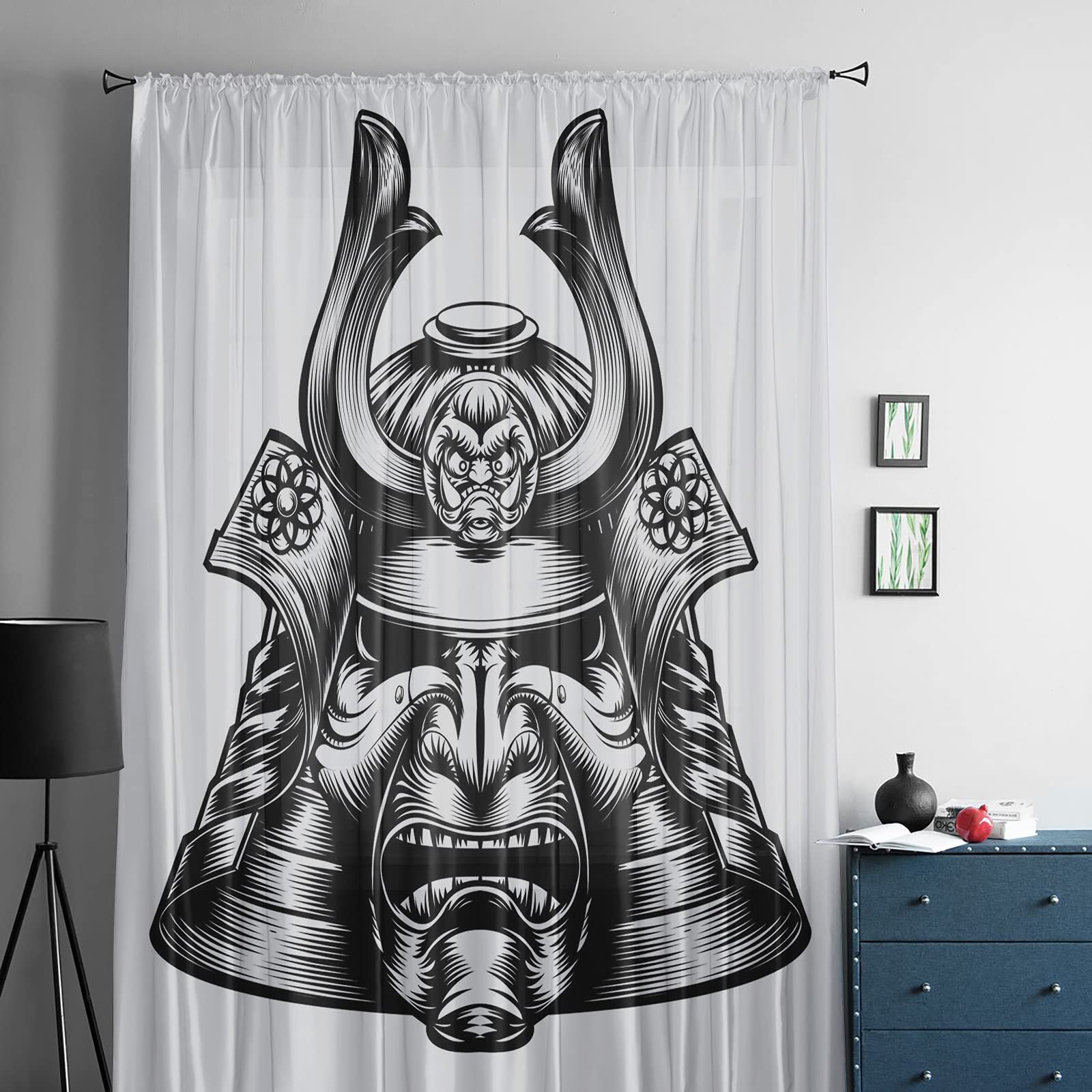 72 Inch Sheer Voile Curtains - Light Filtering Window Drapes with Japanese Samurai Helmet Black Lines Design, Rod Pocket for Bedroom, Living Room & Kitchen - Soft Net Curtains for Sliding Doors & Windows (1 Panel) | Perfect for Privacy, Sun Protection & Home Decor