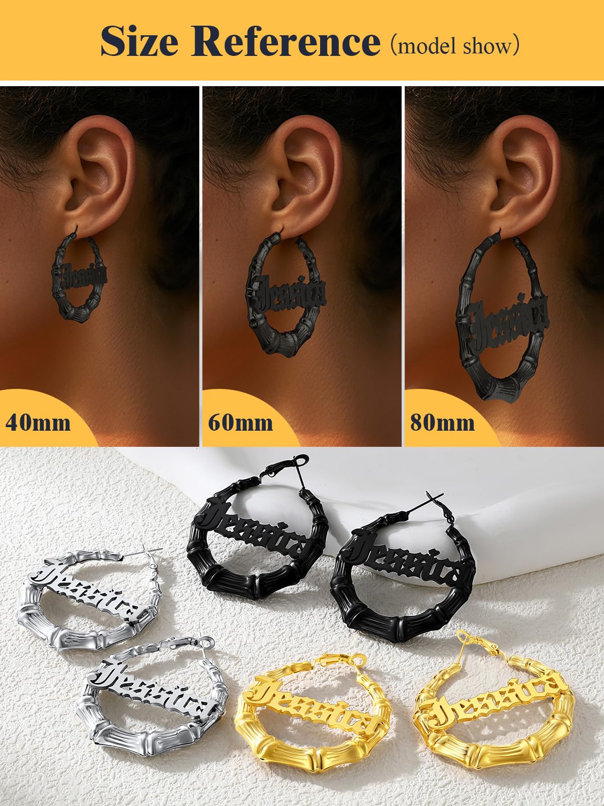U7 Bamboo Hoop Earrings for Women - Stainless Steel, 18K Gold Plated, Personalized Black Statement Earrings - Extra Large Hip Hop Name Hoops - Perfect for Parties, Fashion Jewelry & Gifts (Gift Box Included) | Great for Night Out, Concert, Birthday & Special Occasions