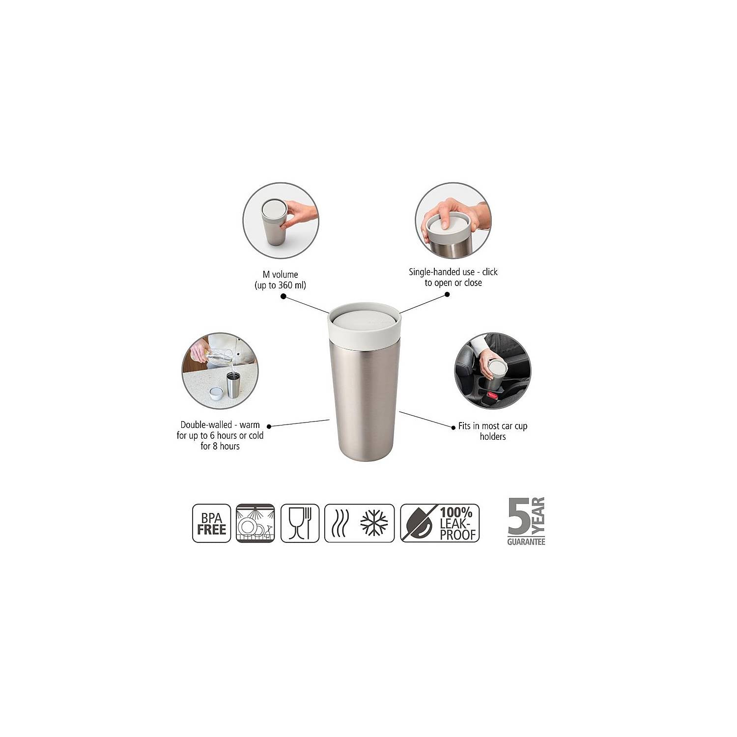 Insulated Stainless Steel Tumbler Cup - 12oz (0.36L) Medium Size, Light Grey - Perfect for Coffee, Tea & Cold Drinks at Home, Office or Travel