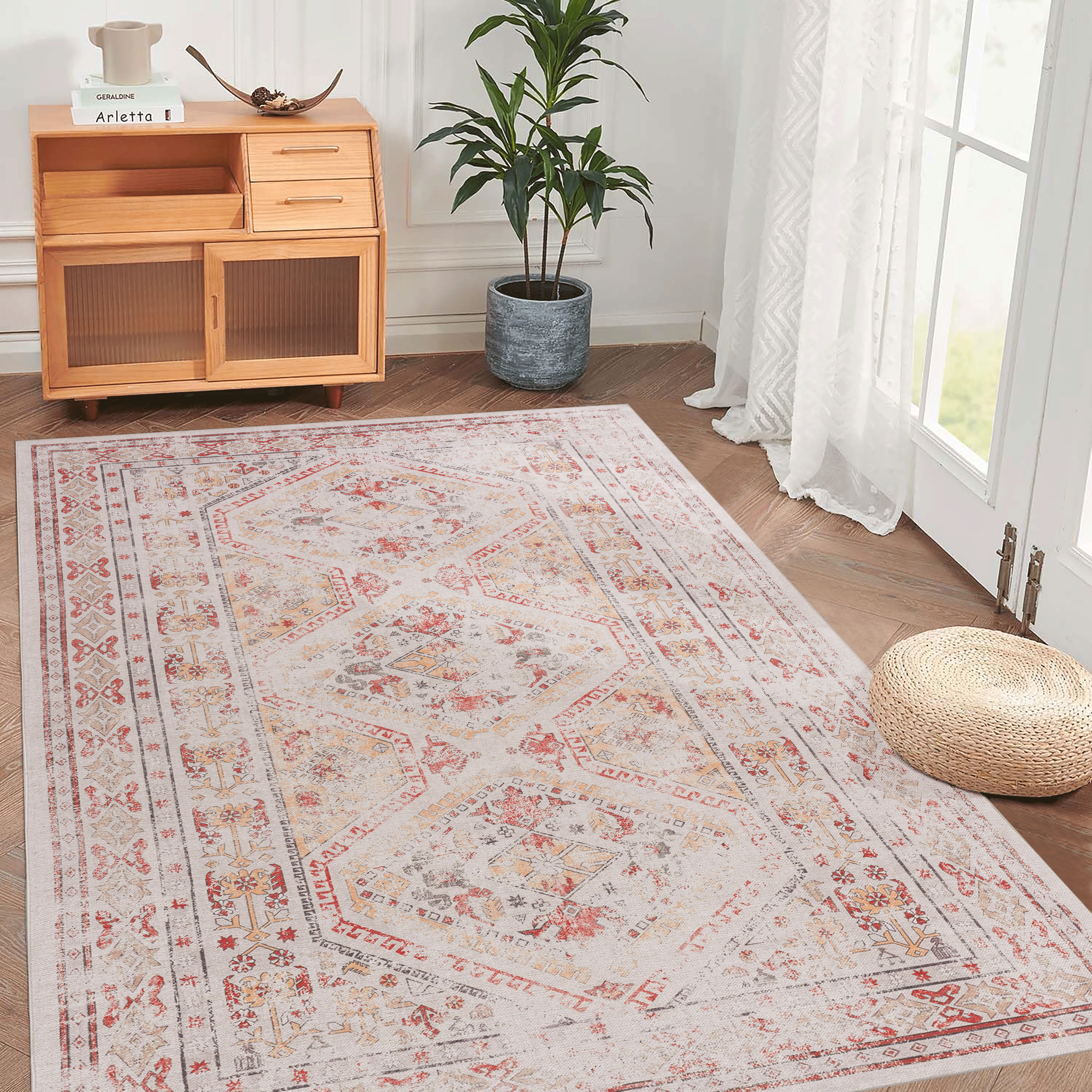 DTY Signature 5x8 Washable Low Pile Area Rug - Non Slip, Non Shedding, Foldable - Kid & Pet Friendly Living Room, Bedroom, Kitchen Rug - Perfect for Home Decor, Dorm, Office (Beige, 5' x 8')
