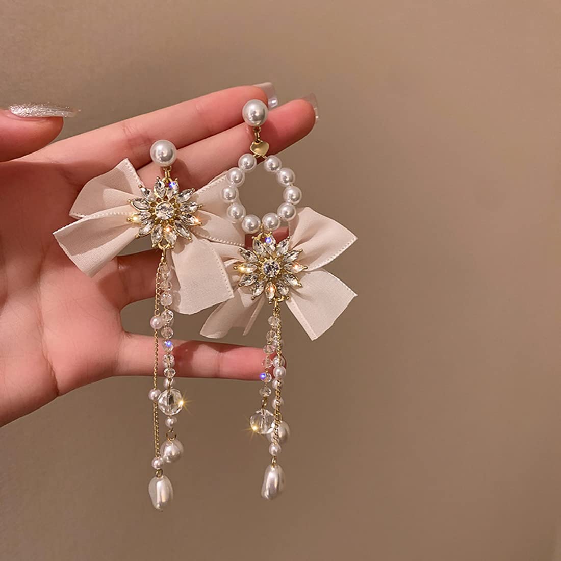 Boho Pearl Drop Earrings for Women – Lightweight Dangle Tassel Bow Earrings with Silver Stud Hoops | Perfect for Weddings, Parties & Everyday Wear