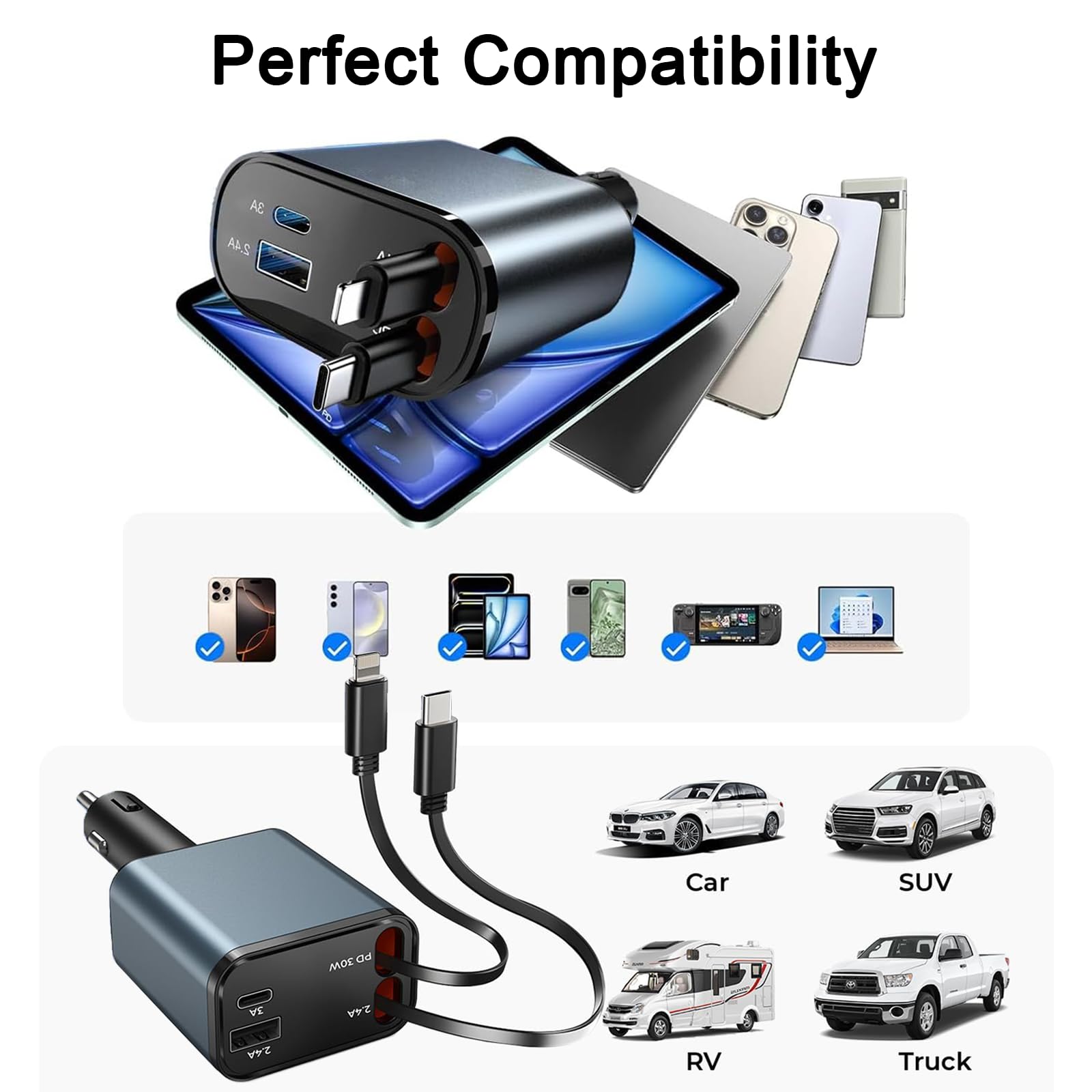 4-in-1 Retractable Fast Car Charger 30W - Dual USB-C Car Phone Charger Adapter for iPhone 16/15/14/13/12/Pro Max, iPad, Samsung Galaxy S25/S24/S23, MacBook & Laptops - Perfect for Road Trips & Commuting (Black)