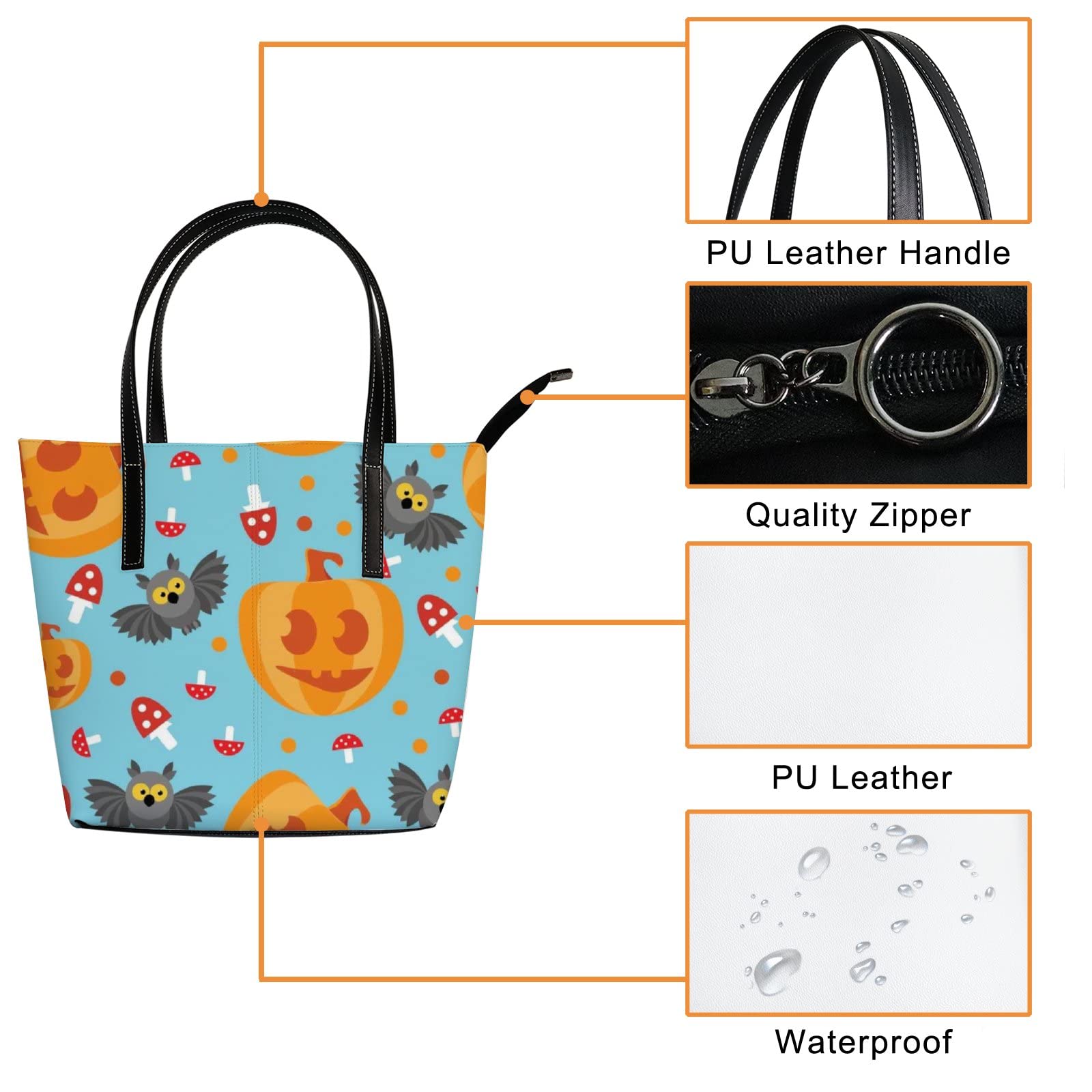 Stylish Yellow Halloween Owl Pumpkin Tote Bag for Women - Cute Kawaii Leather Crossbody Handbag with Zipper | Perfect for Work, Travel & Everyday Use