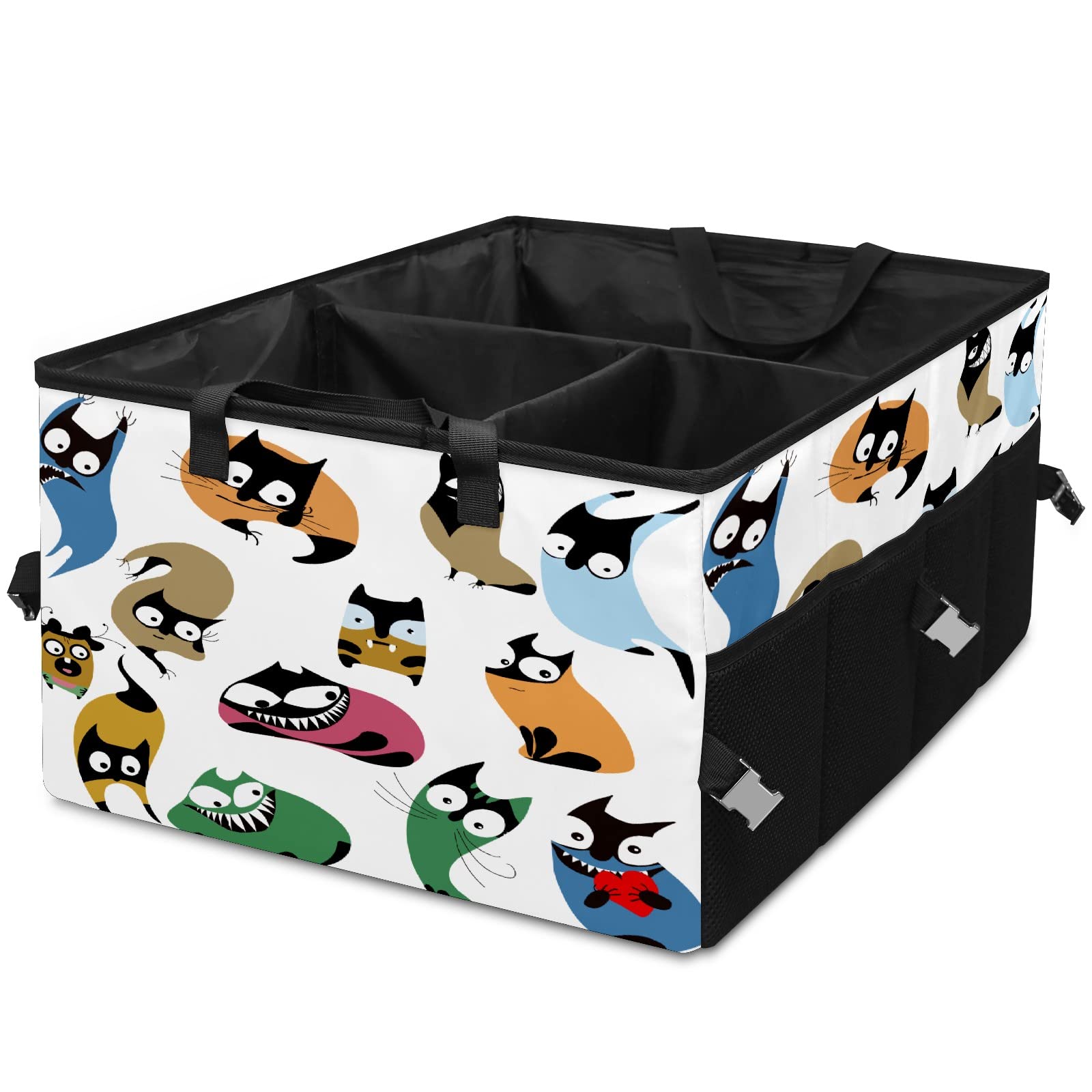 Car Trunk Organizer with Detachable Dividers - Portable Collapsible SUV Storage Bag for Groceries, Picnic & Camping | Cute Cartoon Cats Design | Perfect for Road Trips, Outdoor Adventures & Daily Errands