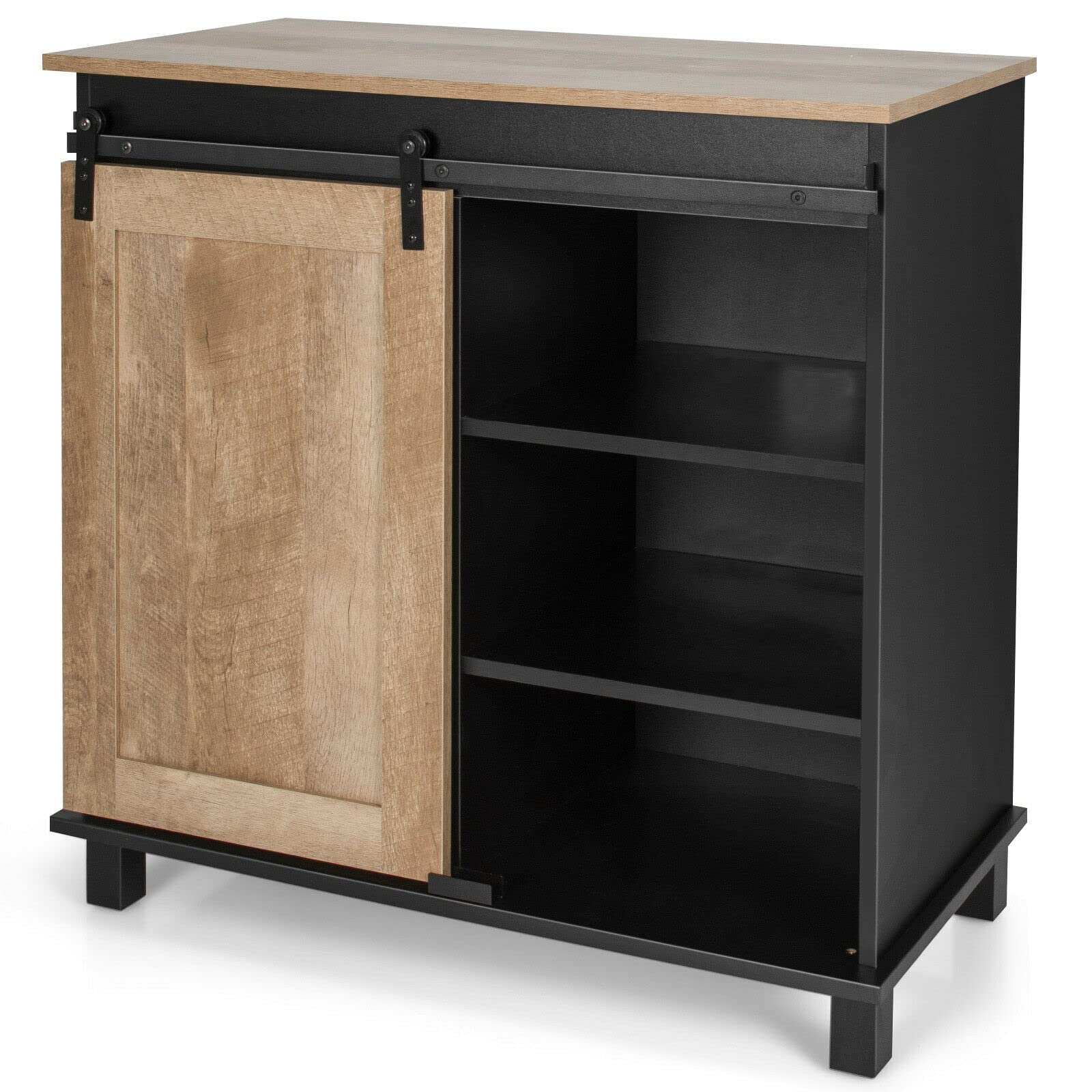 Modern Kitchen Buffet Storage Cabinet with Sliding Barn Door - 3-Tier Shelf, Wine Rack & 2 Drawers - Anti-Tilt Safety Device & Non-Slip Feet for Dining Room, Living Room or Entryway Storage