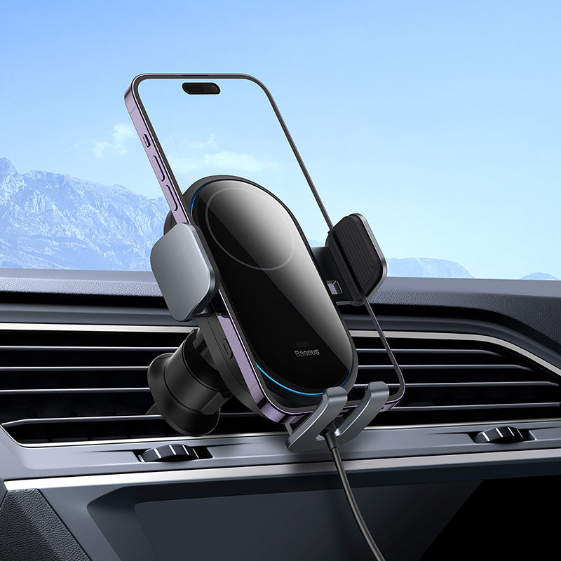 Baseus LightChaser 15W Wireless Car Charger Mount - Fast Qi Charging Phone Holder for iPhone 15/14/13/12, Samsung Galaxy S23/S22 - Perfect for Commuting & Road Trips (Black)