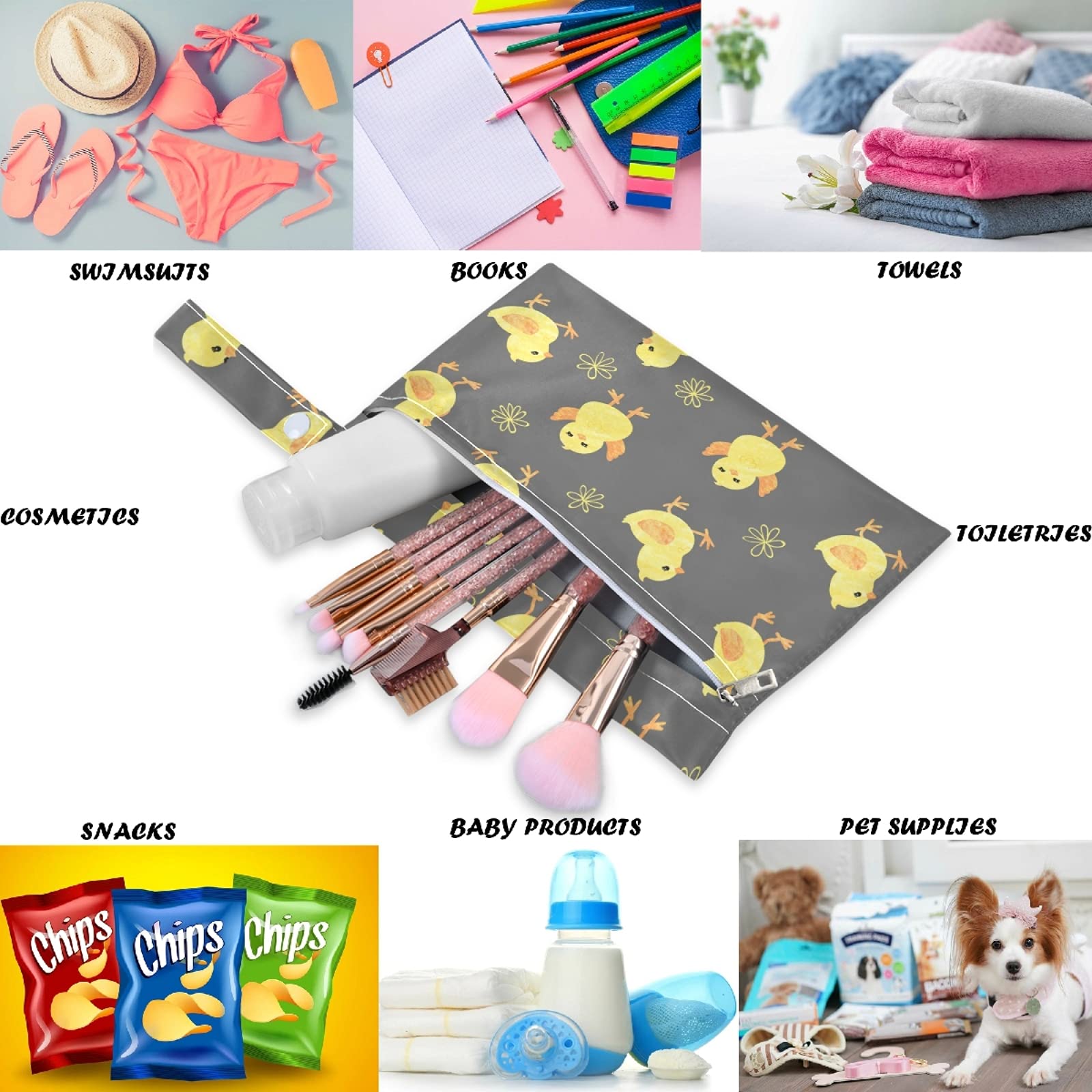 Visesunny 2-Pack Cute Chick Wet Bags with Zipper Pockets - Reusable Waterproof Diaper Bag for Baby Care, Travel, Beach & Pool - Perfect for Daycare, Stroller, Gym Clothes & Swimwear Storage