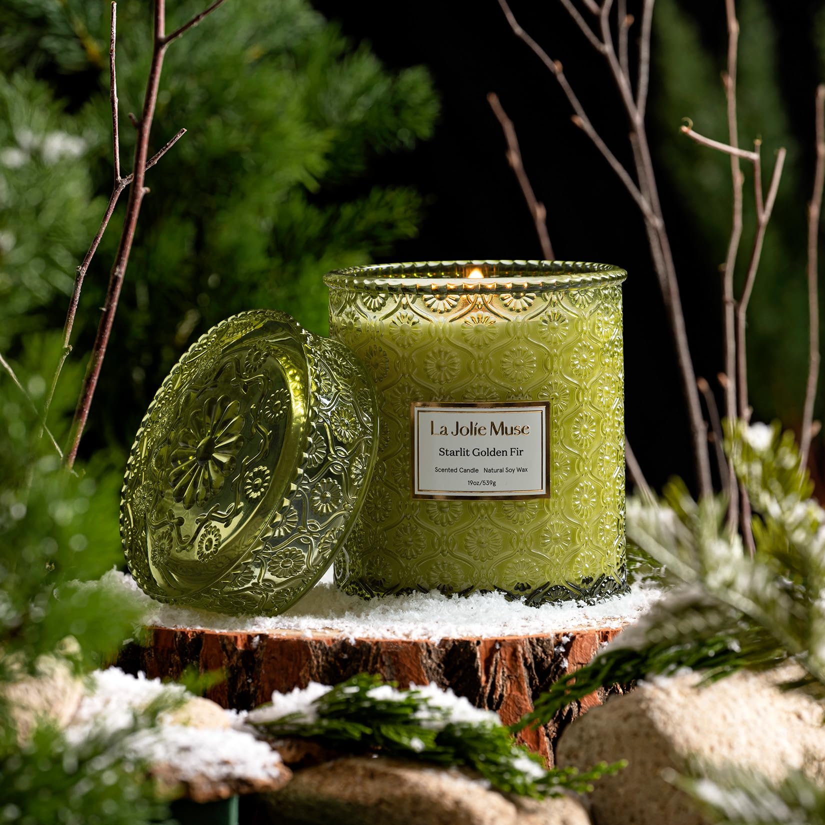 LA JOLIE MUSE Fir & Cedarwood Scented Candle - 19oz Large Wood Wicked Candle with Long Burning Time, Holiday Home Fragrance Gift for Women & Men - Perfect for Christmas Decor, Cozy Evenings & Relaxation