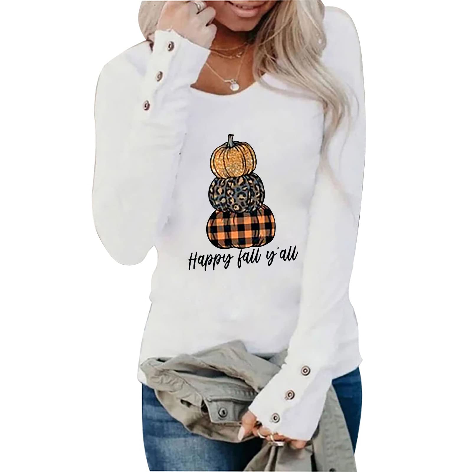 Halloween Graphic Print Long Sleeve T-Shirt for Women - Fall Loose Fit Round Neck Pullover Blouse | Casual Halloween Party Outfit & Spooky Season Fashion