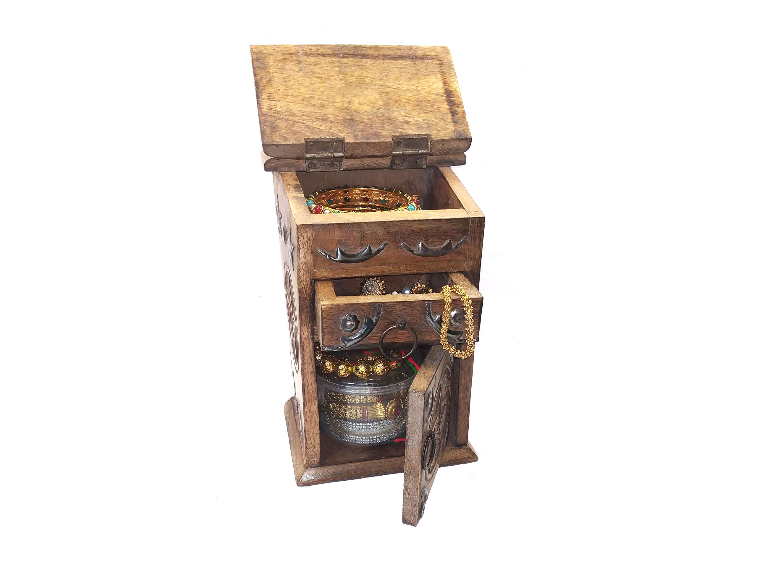 ETROVES Handcrafted Wooden Jewelry Box for Women - Rustic Jewelry Organizer with Decorative Iron Accents, 3-Compartment Keepsake Box for Earrings, Rings & Bracelets - Perfect for Bedroom Vanity, Travel & Gift Giving (Brown)