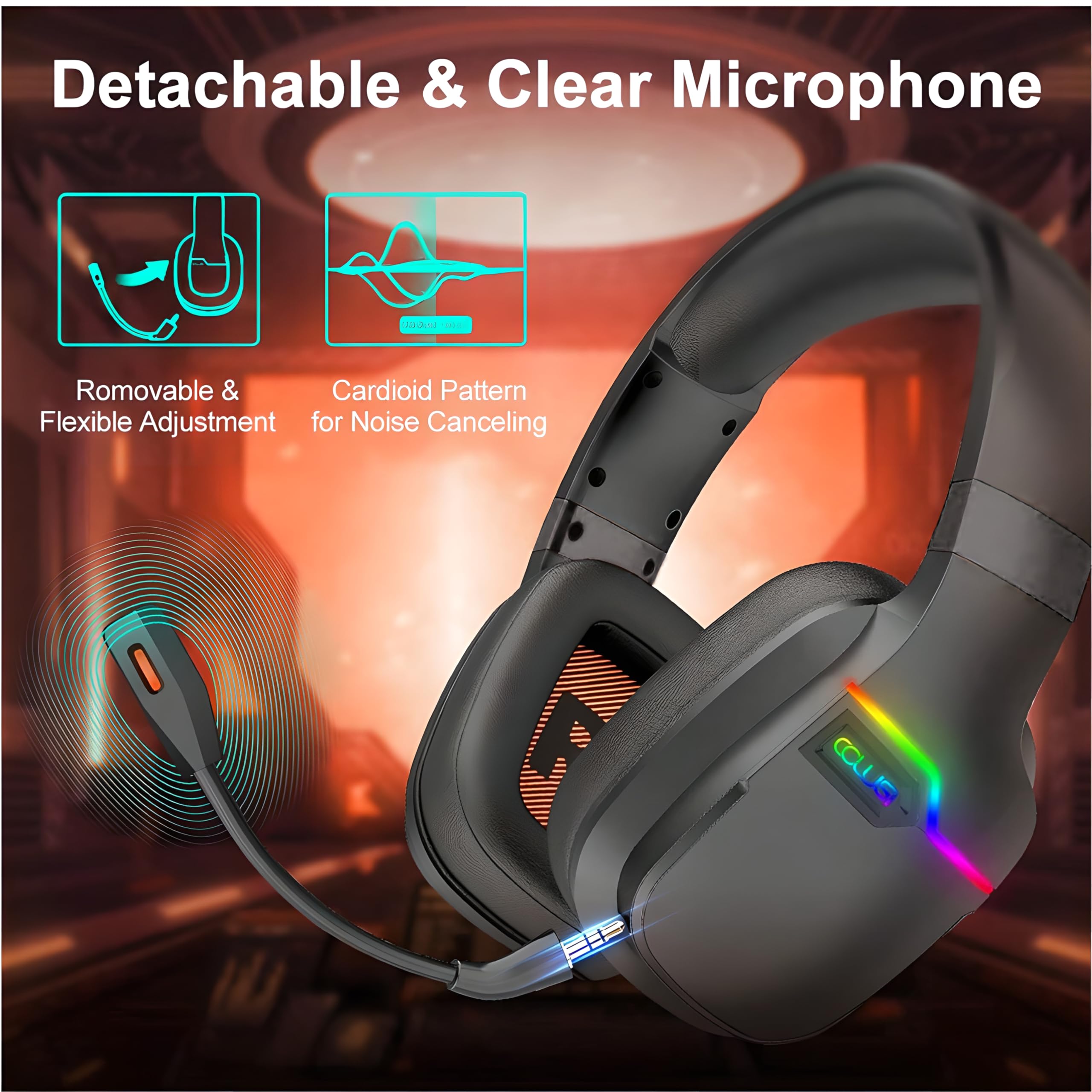 Wireless Gaming Headset with Detachable Mic for PS5, PS4, PC, Mac & Laptop - 2.4GHz USB Dongle, Noise Cancelling, Comfortable Earpads - X07 Black - Perfect for Online Gaming, Streaming & Virtual Meetings