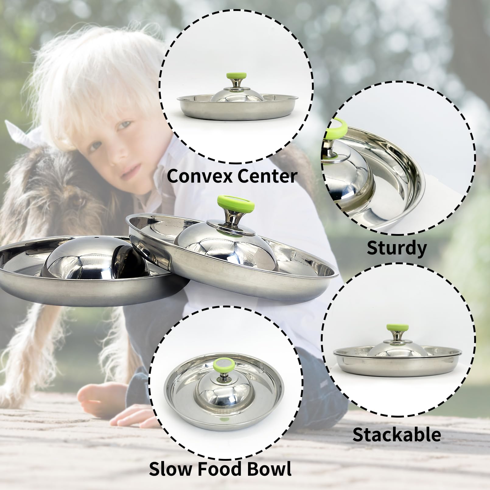 Fhiny 2-Pack Stainless Steel Slow Feeder Dog Bowls with Handle - 11.8