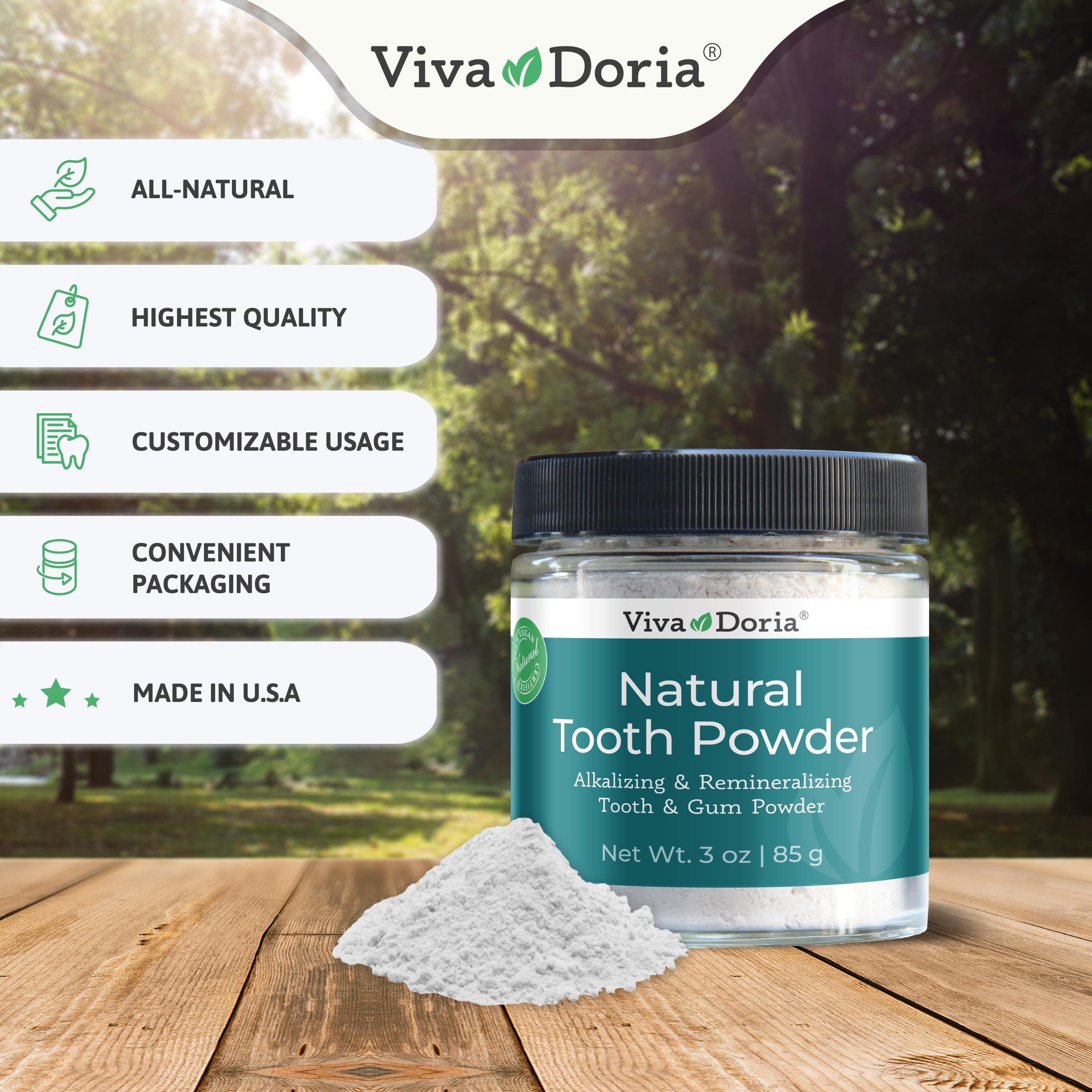 Viva Doria Natural Tooth Powder for Remineralizing & Whitening Teeth | Mint Flavored Breath Freshener | 3oz Glass Jar | Ideal for Travel, Home Use & Eco-Friendly Oral Care