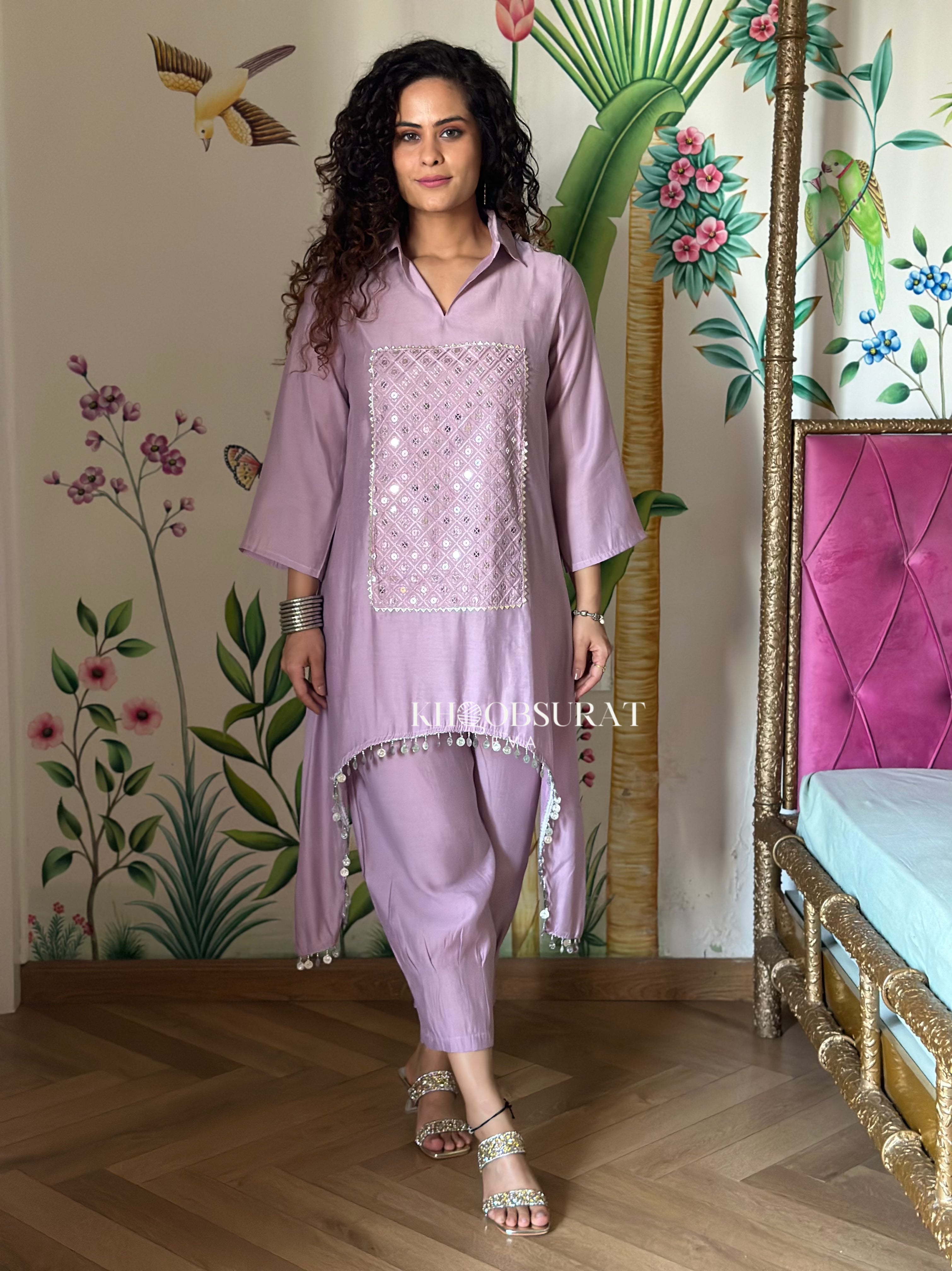 Lavender Sequin Kurta Set for Women | Elegant Embroidered Indian Ethnic Outfit | Perfect for Festivals, Weddings & Special Occasions