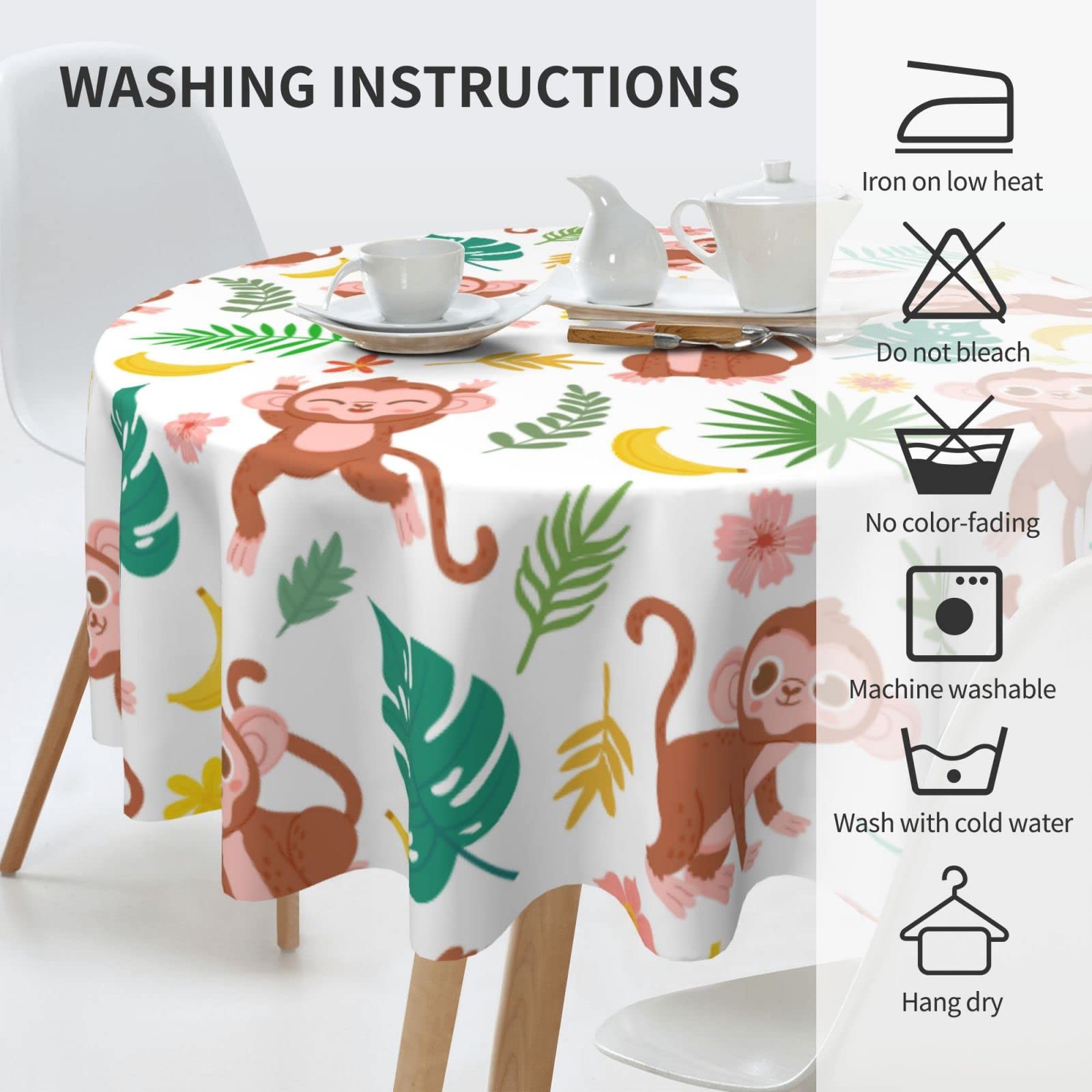 60 Inch Round Monkey Themed Tablecloth - Waterproof Spill Proof Table Cover with Baby Monkey, Banana & Tropical Leaves Design for Birthday Party, Picnic, Camping, Dinner & Outdoor Decor