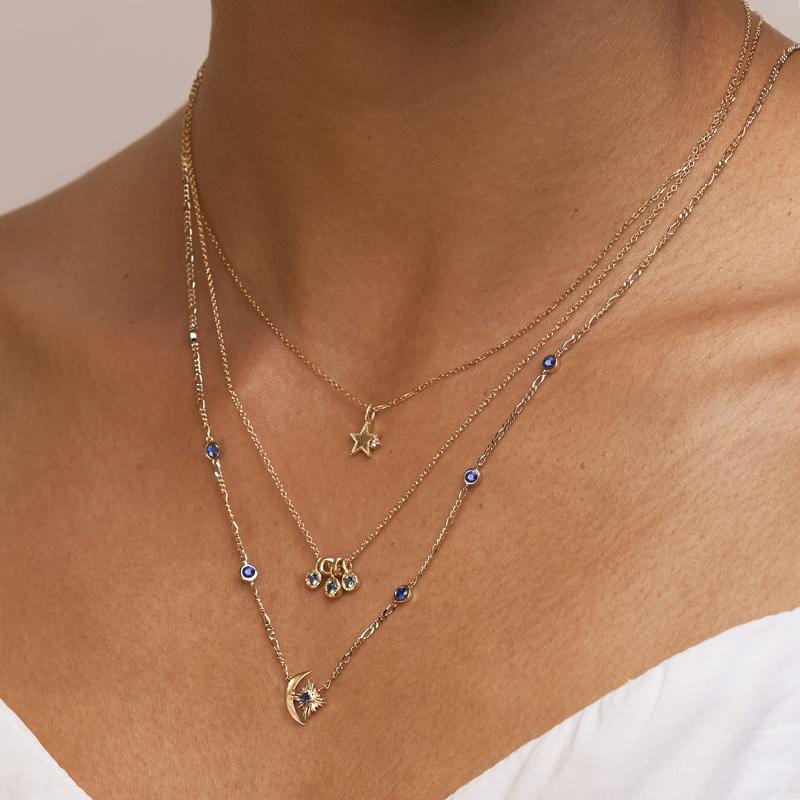 Moon and Star Charm Sapphire Starburst Necklace - Elegant Celestial Jewelry for Women | Perfect for Date Nights, Weddings & Special Occasions