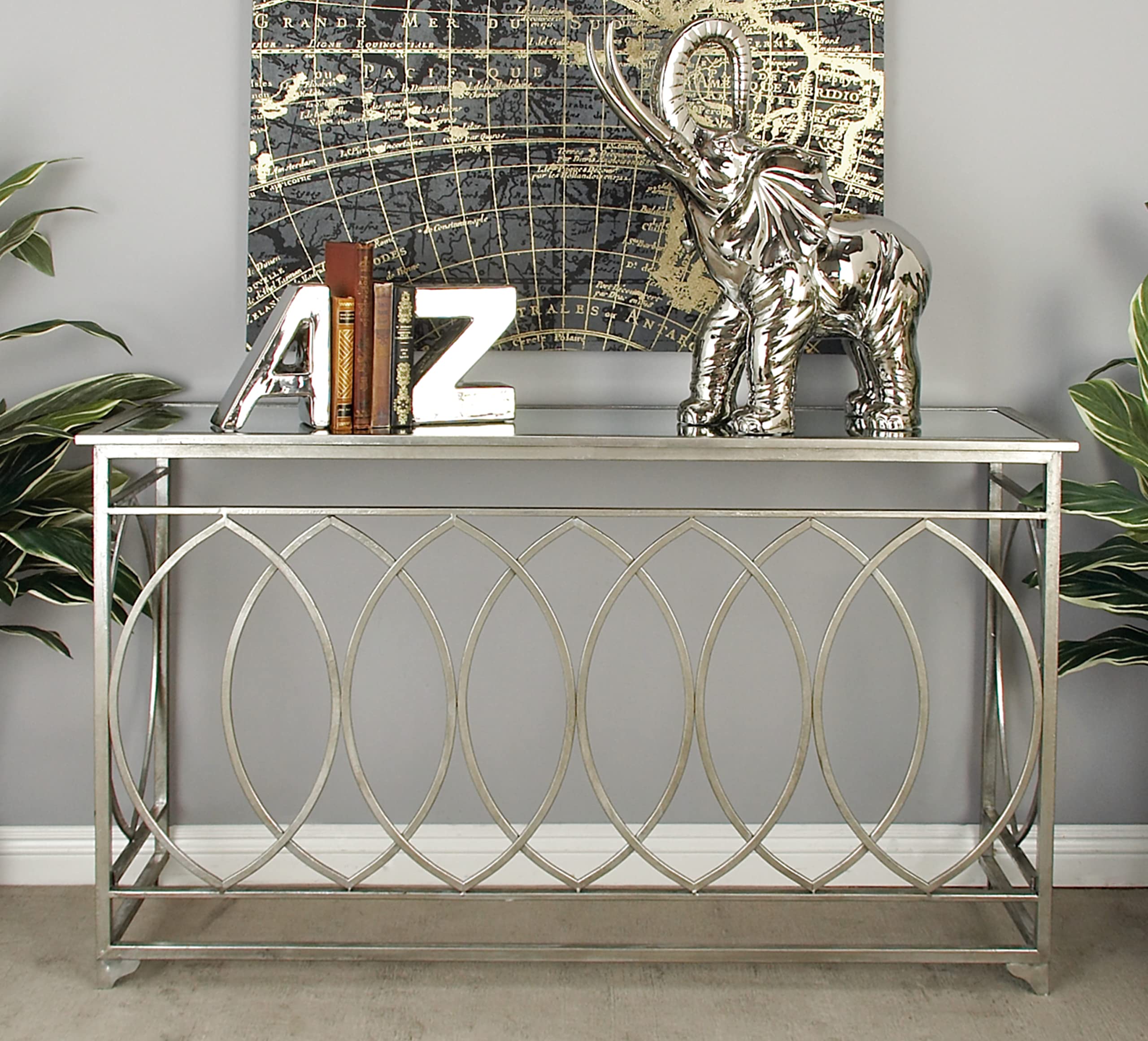 Deco 79 Modern Silver Metal Geometric Entryway Console Table with Mirrored Glass Top - 54