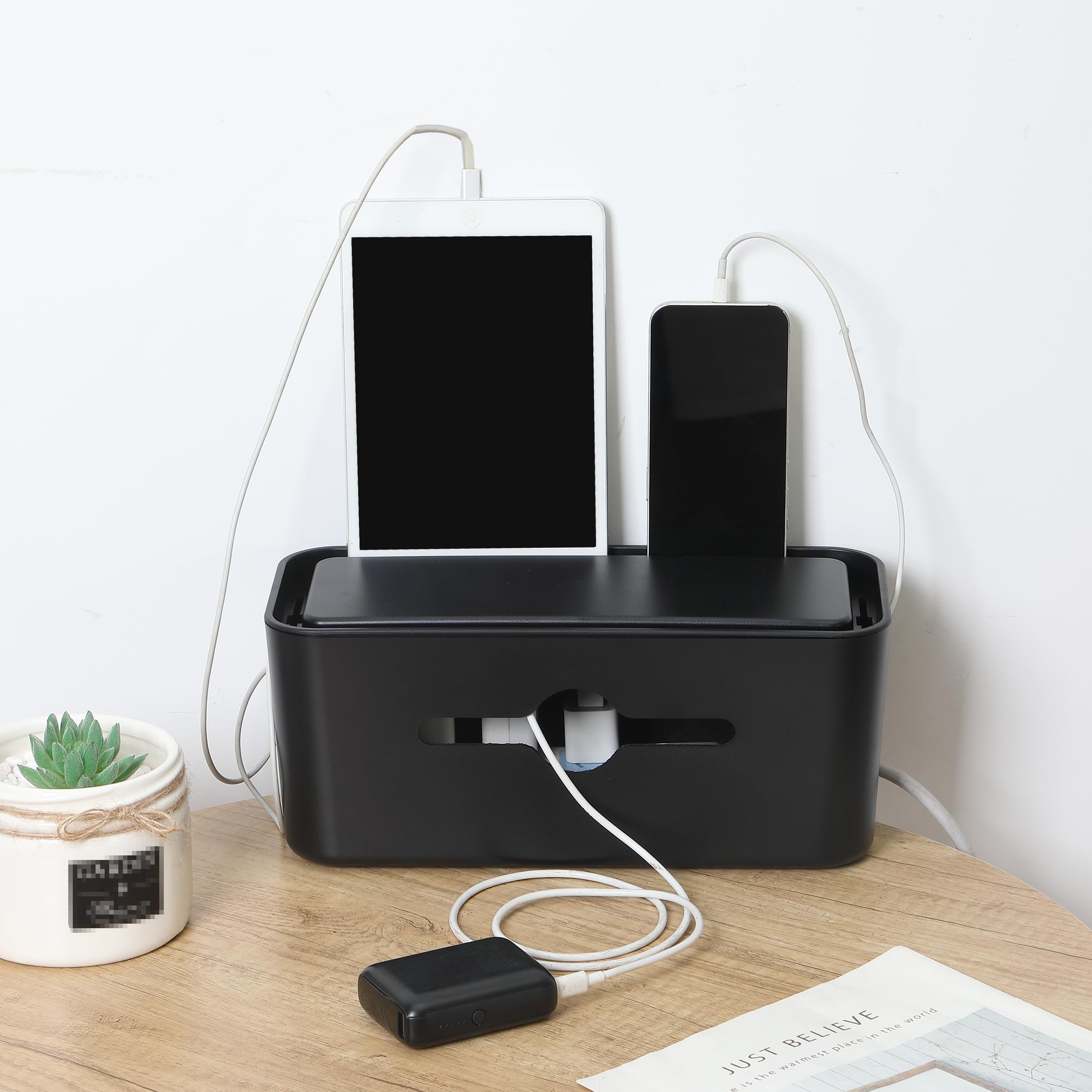 Bates Medium Cable Management Box - Cord Organizer & Power Strip Cover for Home Office, Baby Proof Wire Hider - Perfect for Floor Wires, TV Stands & Desk Cable Organization