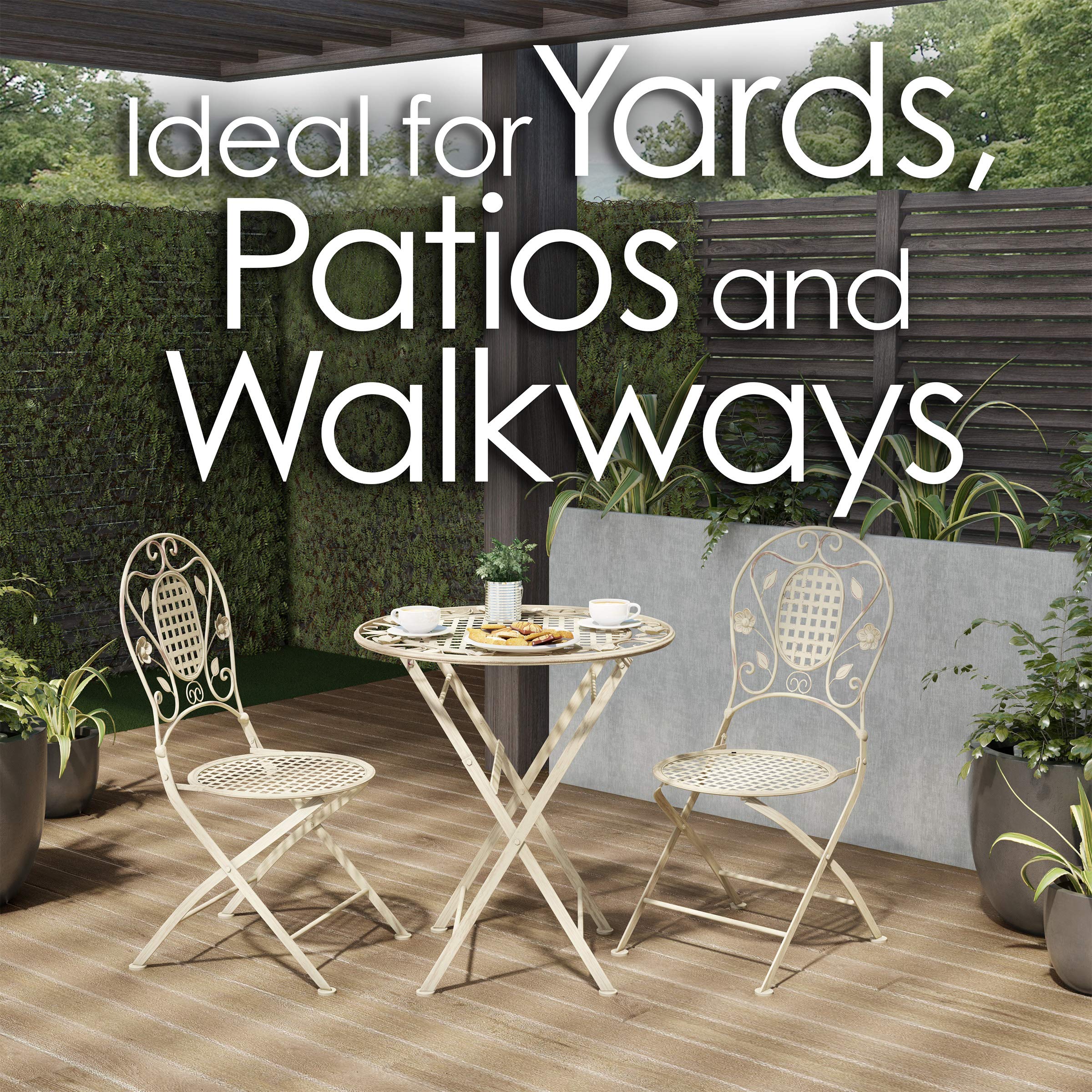 **Lavish Home 3-Piece Folding Bistro Set - Outdoor Patio Table and Chairs for Garden, Porch, or Backyard - Antique White - Perfect for Small Spaces, Balconies, and Outdoor Dining**