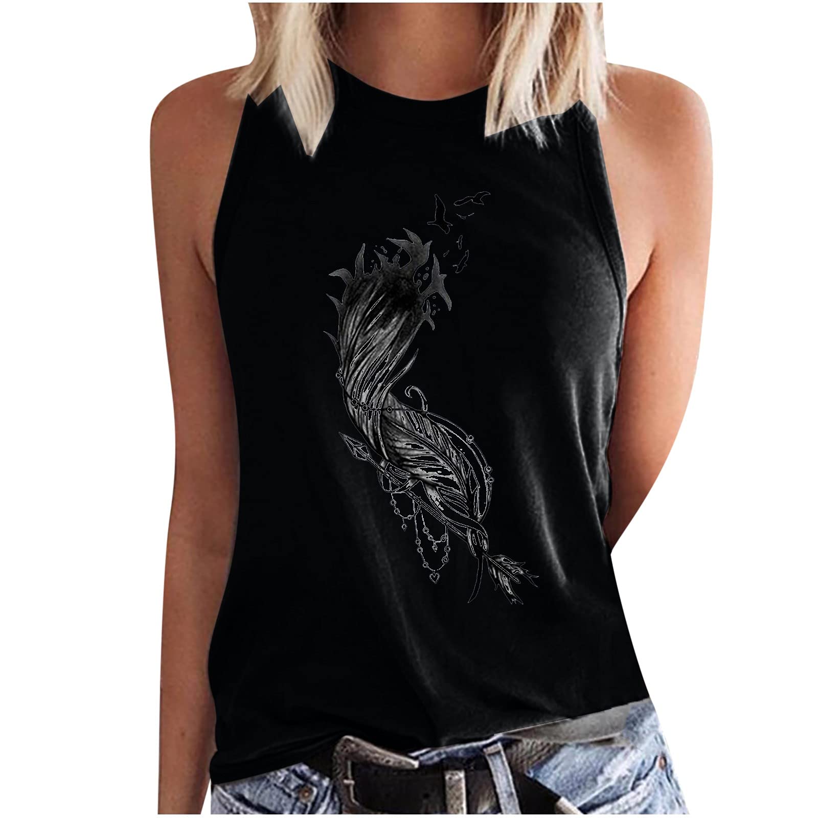 Women's Loose Fit Sleeveless Tank Tops - Soft Summer Casual T-Shirt with O-Neck & Printed Design - Breathable Blouse for Yoga, Beach, and Everyday Wear