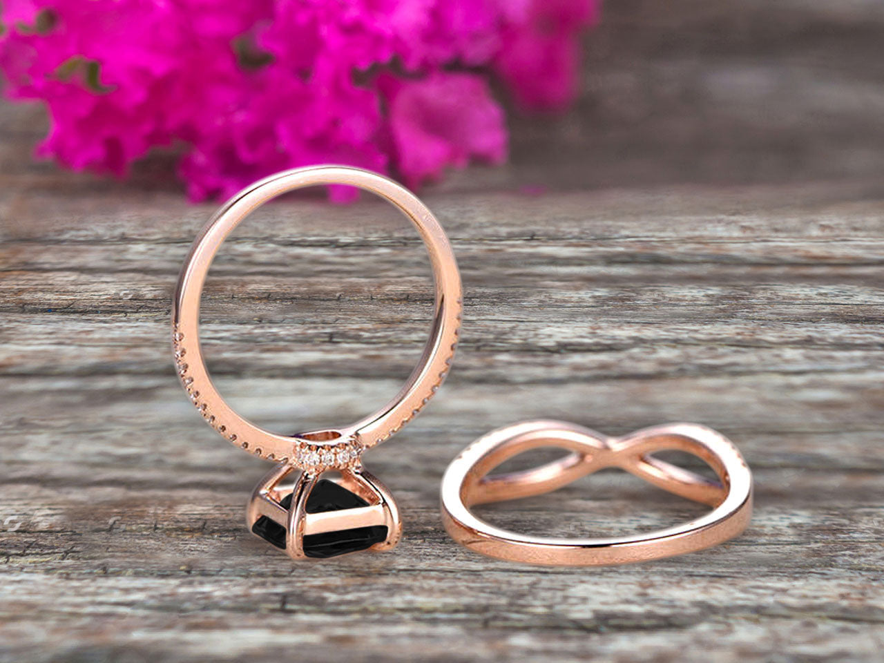 2 Pcs 10k Rose Gold 1.75 Carat Cushion Cut Black Diamond Moissanite Engagement Ring Set - Solid 10k Rose Gold Bridal Set, Custom Made Flaming Jewelry with Twisted Matching Band - Perfect for Proposals, Weddings & Anniversary Gifts