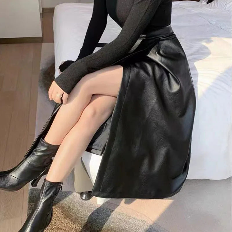 Women's High Waisted PU Leather Long Skirt - Elegant Black Midi Split Skirt for Autumn Winter Fashion | Streetwear, Office Wear & Night Out Outfits