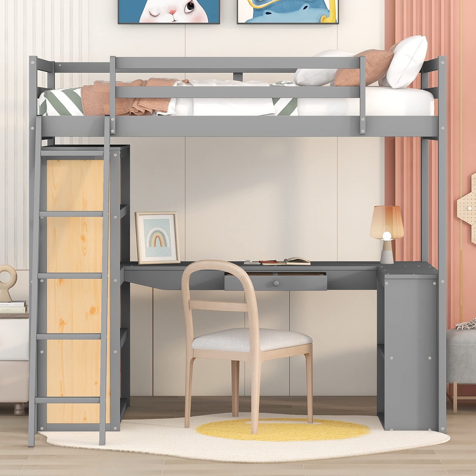 P PURLOVE Twin Size Wood Loft Bed with Desk & Storage Shelf for Kids - Sturdy High Loft Bed with Slat Support (No Box Spring Needed) - Perfect for Small Bedrooms, Dorm Rooms & Space-Saving Kids' Rooms