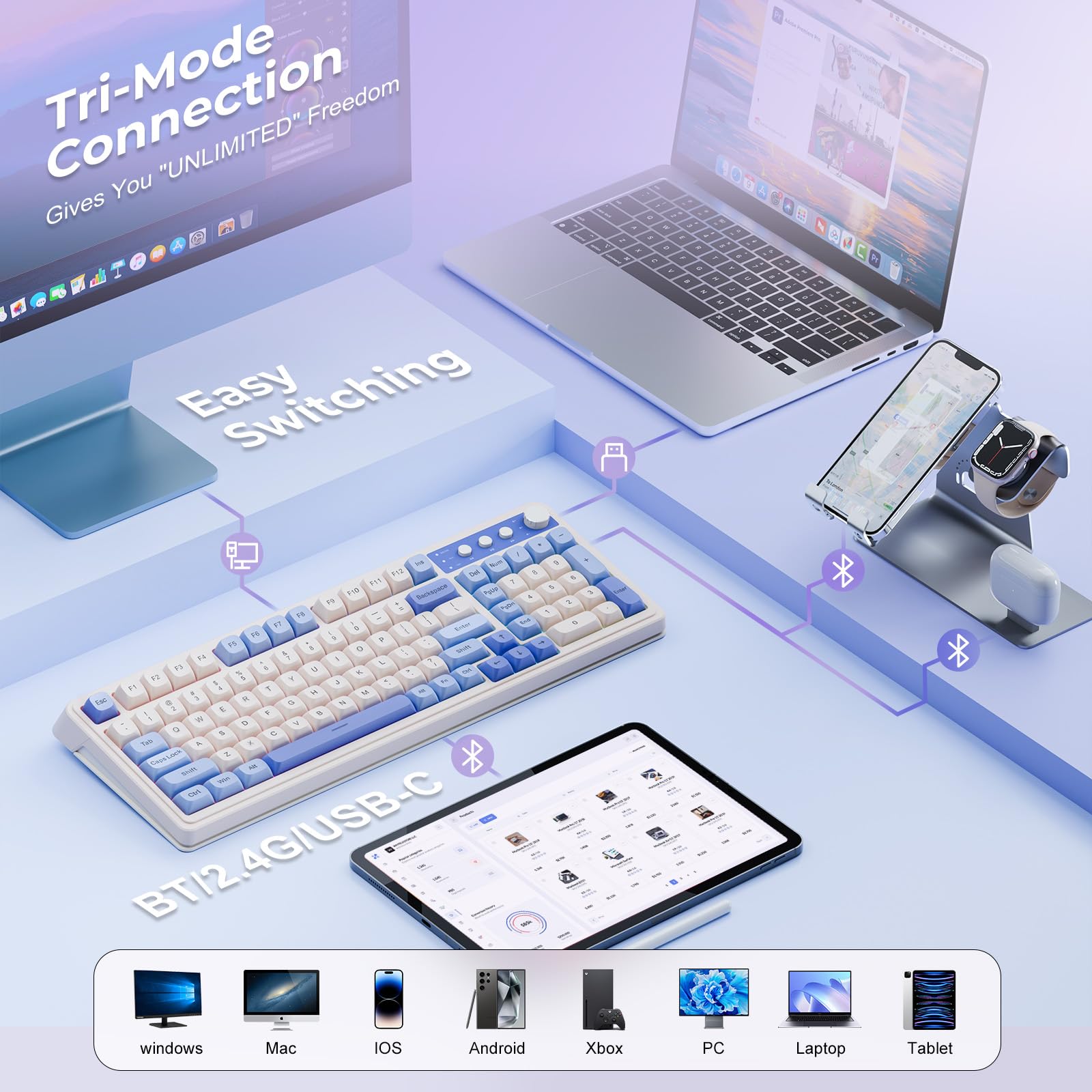 AULA 99-Key Tri-Mode Wireless Mechanical Keyboard - Bluetooth/2.4GHz/USB-C, RGB Backlit with Number Pad & Media Knob, Creamy Purple Gaming Keyboard for PC, MAC, Xbox - Perfect for Gaming, Office Work & Typing