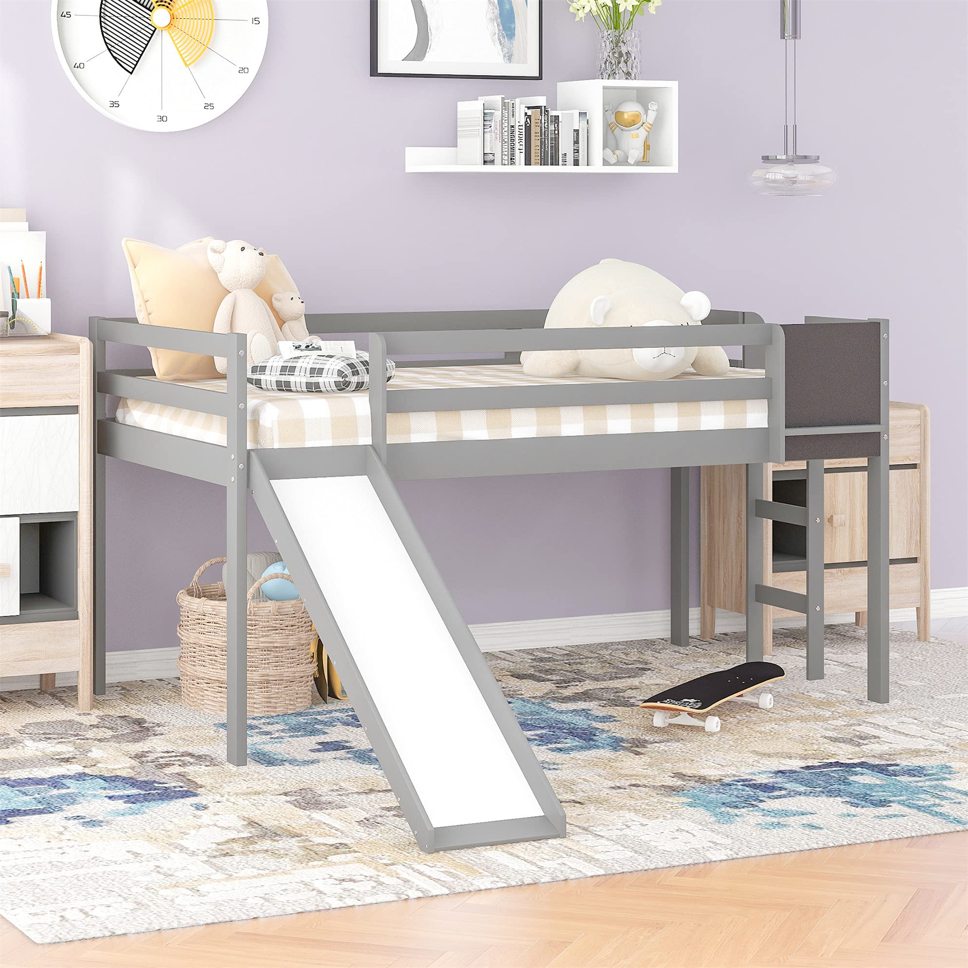 Twin Size Loft Bed with Slide - Solid Wood Low Bunk Bed with Chalkboard for Kids | Perfect for Small Bedrooms & Playrooms (Gray)