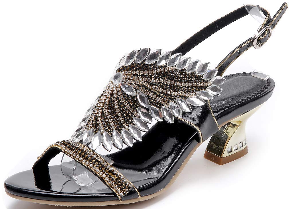 YooPrettyz Women's Rhinestone Evening Sandals - Low Heel Cage Sandals with Chunky Gold Heels | Perfect for Parties, Weddings & Special Occasions