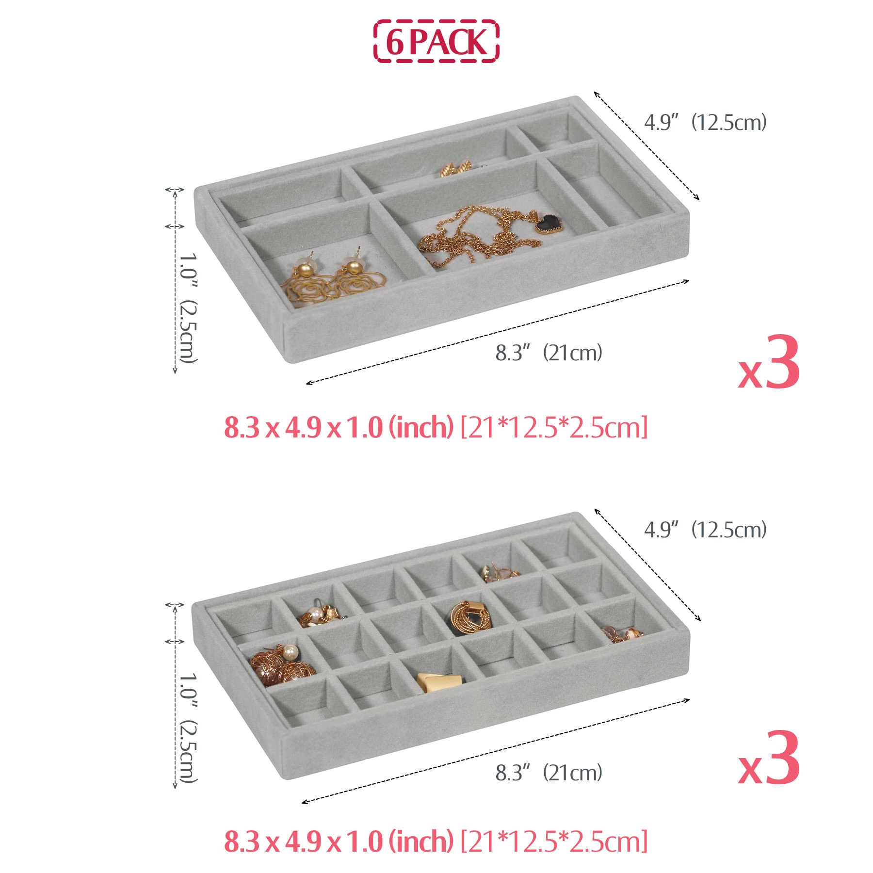 DIOMMELL 6-Piece Stackable Velvet Jewelry Organizer Tray Set - Jewelry Storage Box & Display Case for Earrings, Necklaces, Bracelets, Rings - Perfect for Dresser Drawer, Closet & Vanity Organization (Grey)