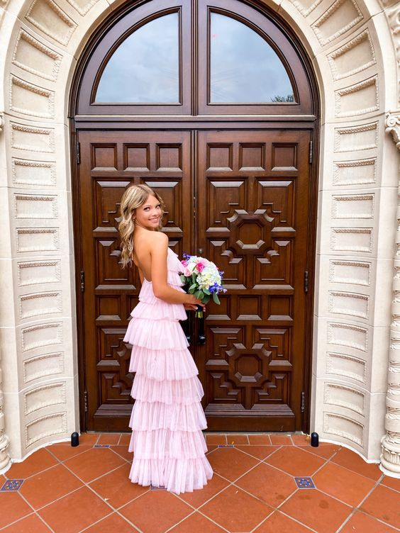 Elegant Halter Neck Pink Long Prom Dress with Layered Skirt - Perfect for Senior Party, Homecoming, and Formal Events