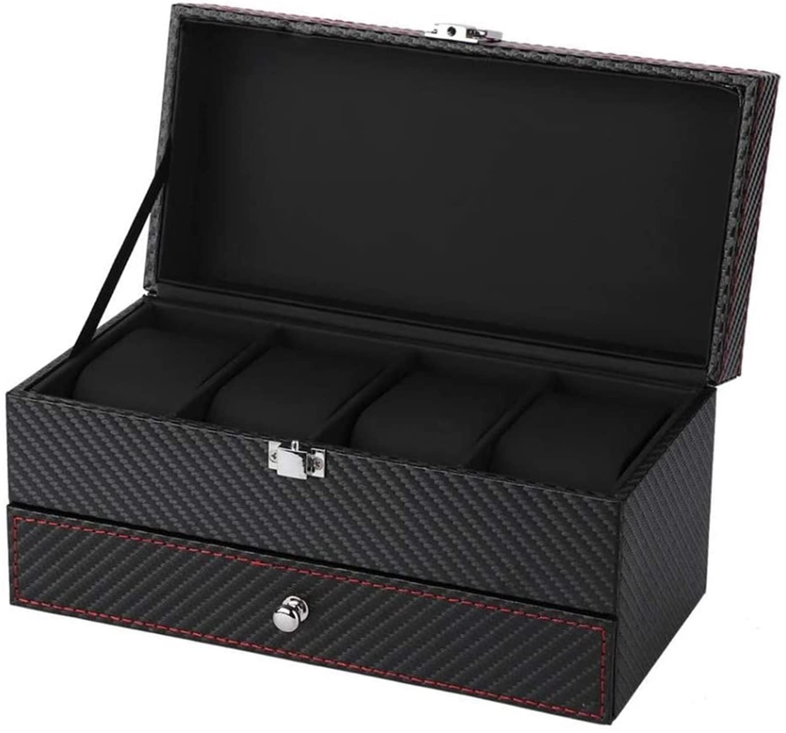 Premium 4-Grid Double Layer Watch Box - Carbon Fiber PU Leather Jewelry Organizer for Watches, Rings & Earrings - Luxury Display Case & Gift for Men & Women - Perfect for Travel, Home & Office Storage