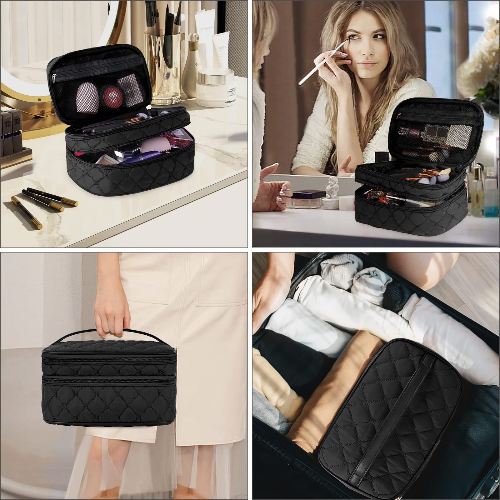 NUBILY Large Waterproof Makeup Bag for Women - Double Layer Cosmetic Organizer, Portable Toiletry Bag, Travel Vanity Case (Black) - Perfect for Travel, Gym, and Daily Makeup Storage