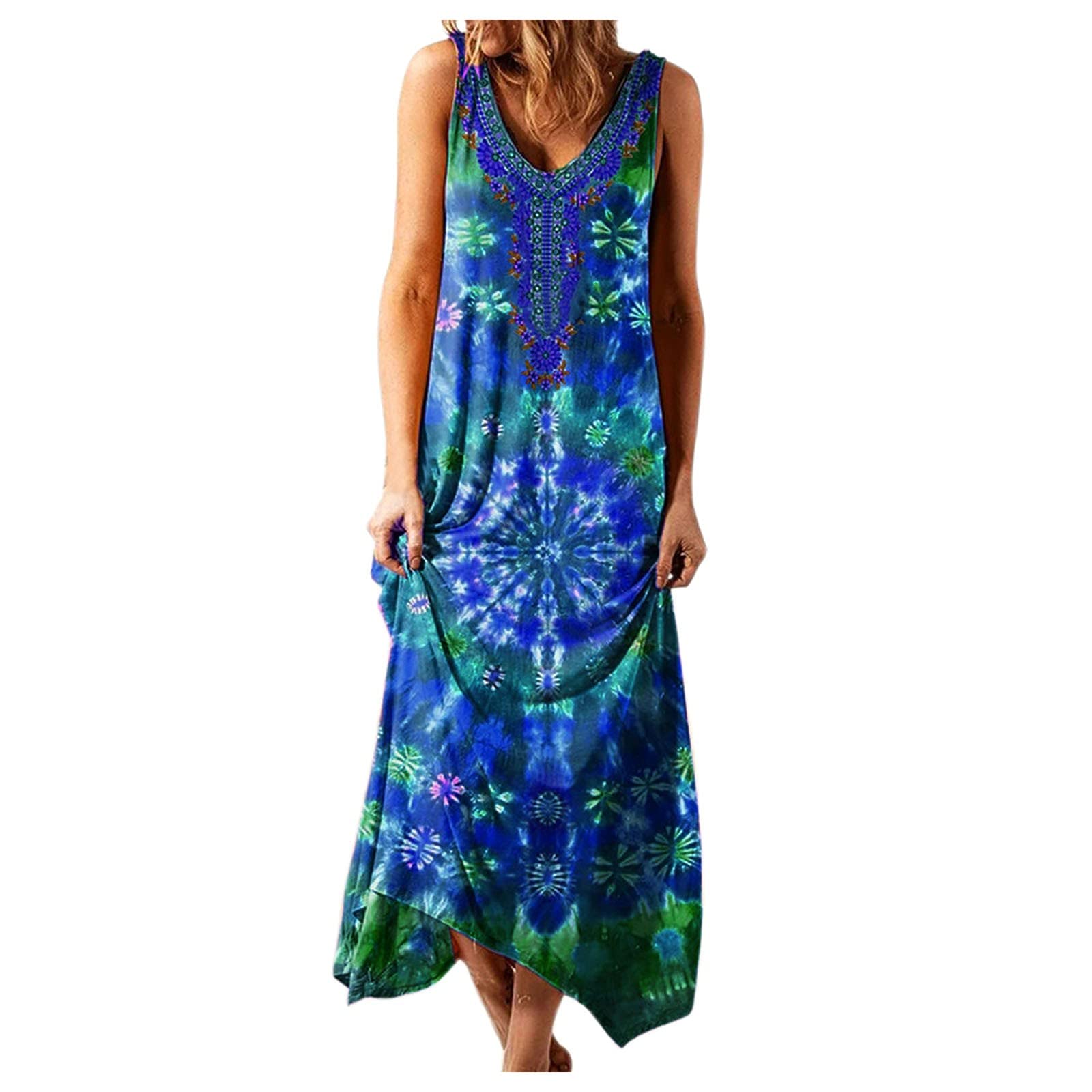 FRETRG Women's Casual Long Sleeve Print Loose Vest Dress - Flowy Boho Maxi Dress in Multicolor for Spring & Summer | Perfect for Beach, Vacation, and Everyday Wear