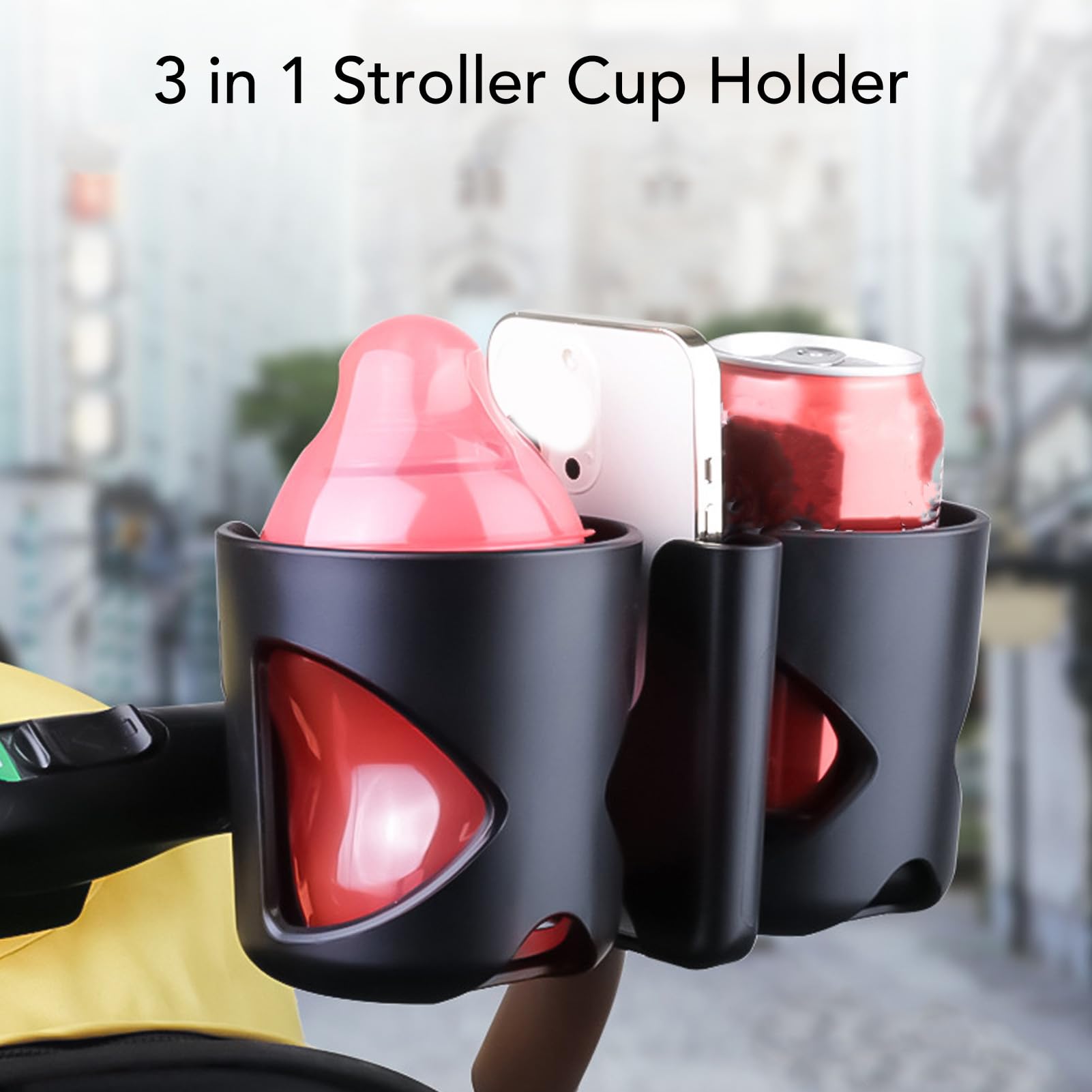 3-in-1 Rotatable Drink Holder with Phone Stand - Universal Cup Holder for Stroller, Bicycle, Wheelchair & Shopping Cart - Perfect for Coffee, Beverages & Hands-Free Use on the Go
