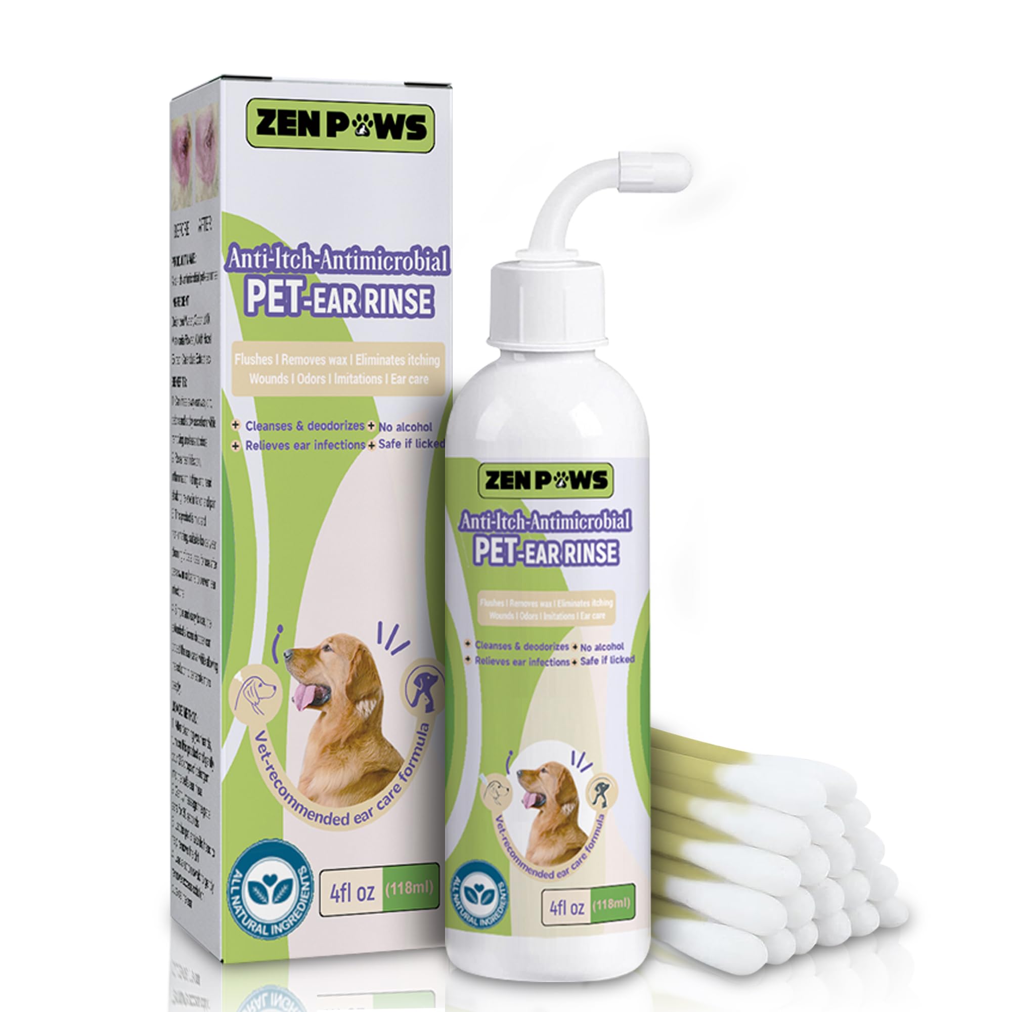 ZenPaws Dog Ear Cleaner Solution for Dogs & Puppies - Gentle Ear Cleaning Wipes & Drops for Itchy, Smelly Ears - Vet Recommended for Regular Ear Care & Infection Prevention - Perfect for Grooming, After Bath & Outdoor Activities